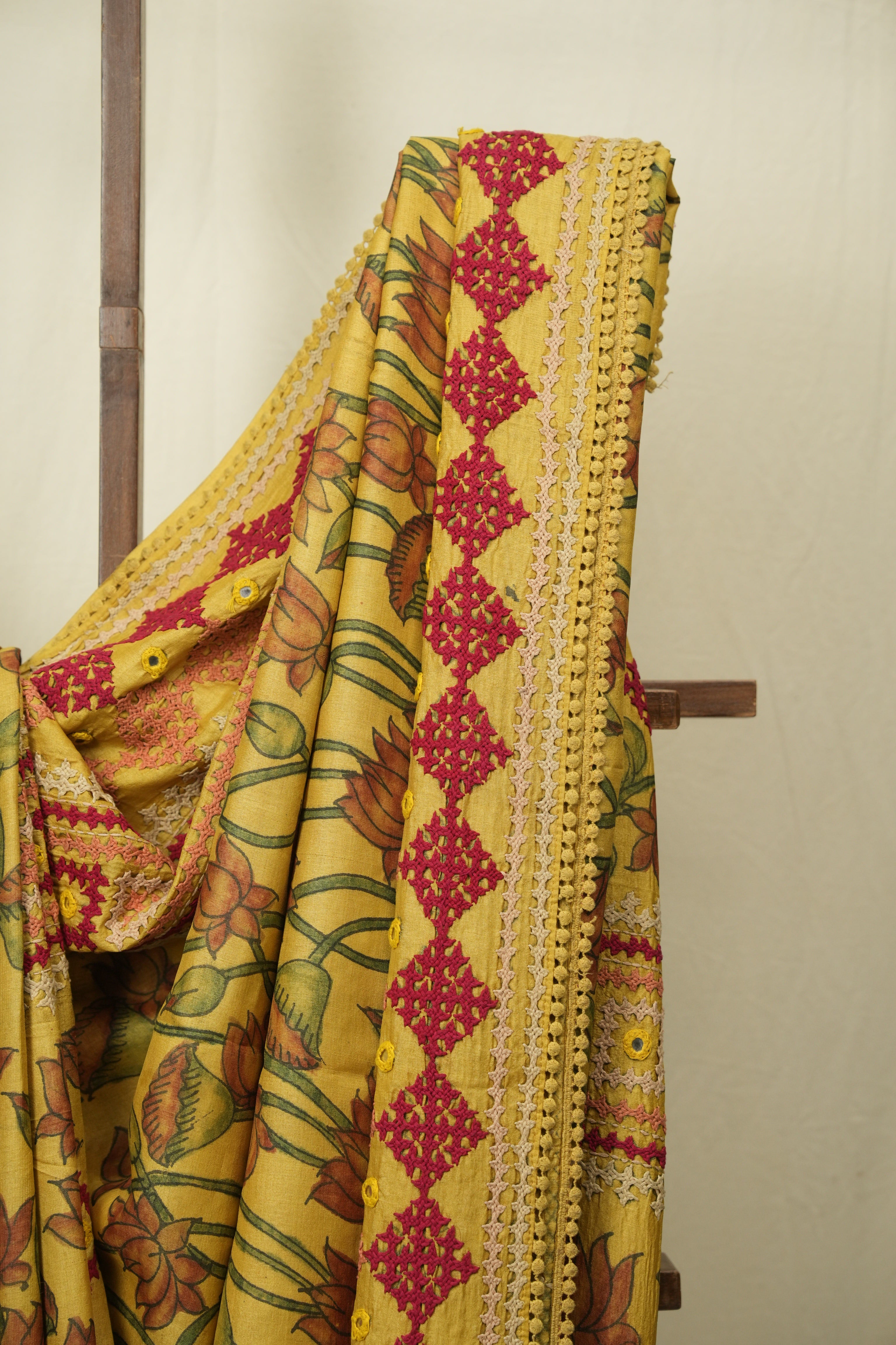 Yellow Kalamkari Tussar Silk Saree - SRYKTSS45