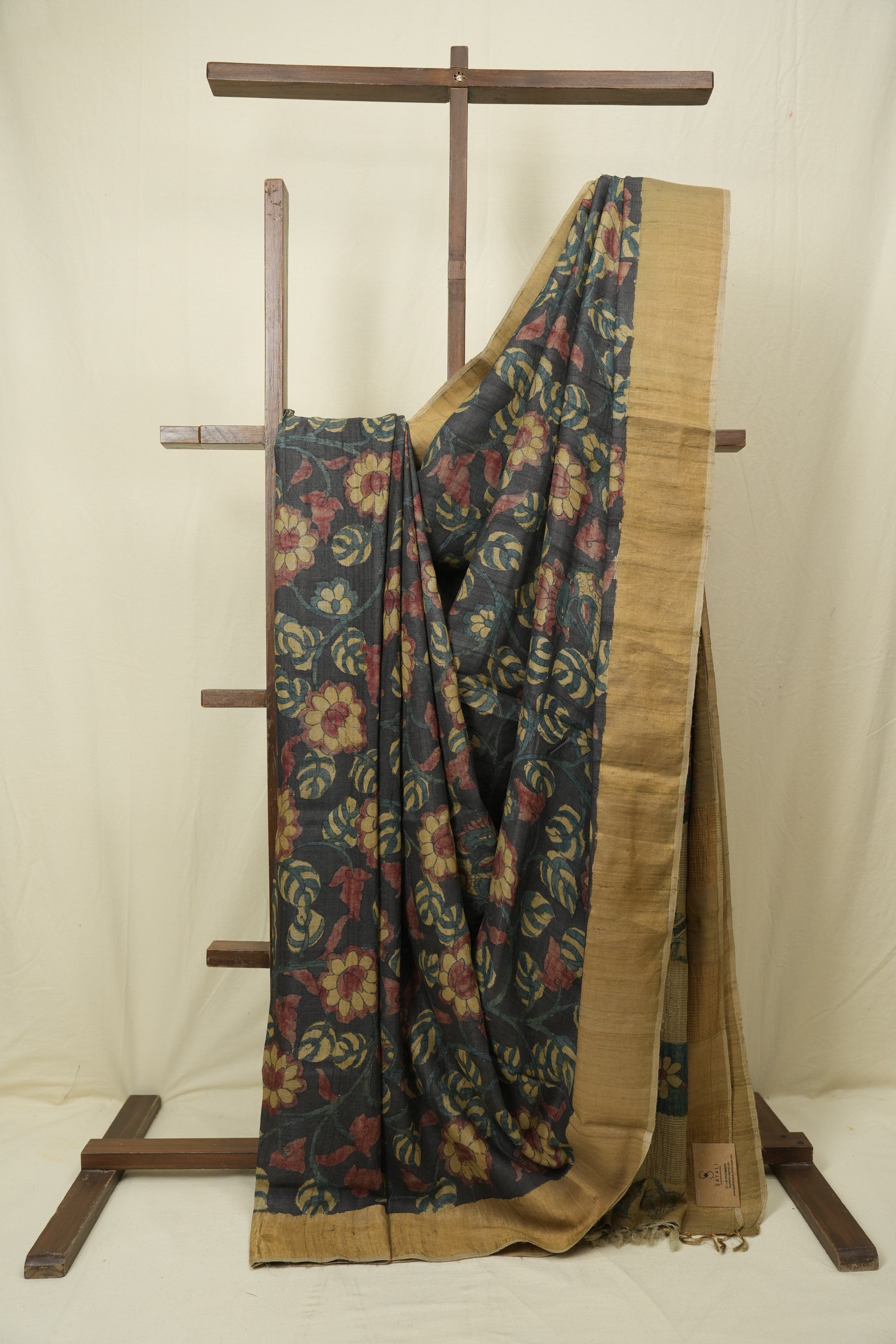Charcoal Kalamkari Tussar Silk Saree - SRCKTSS48