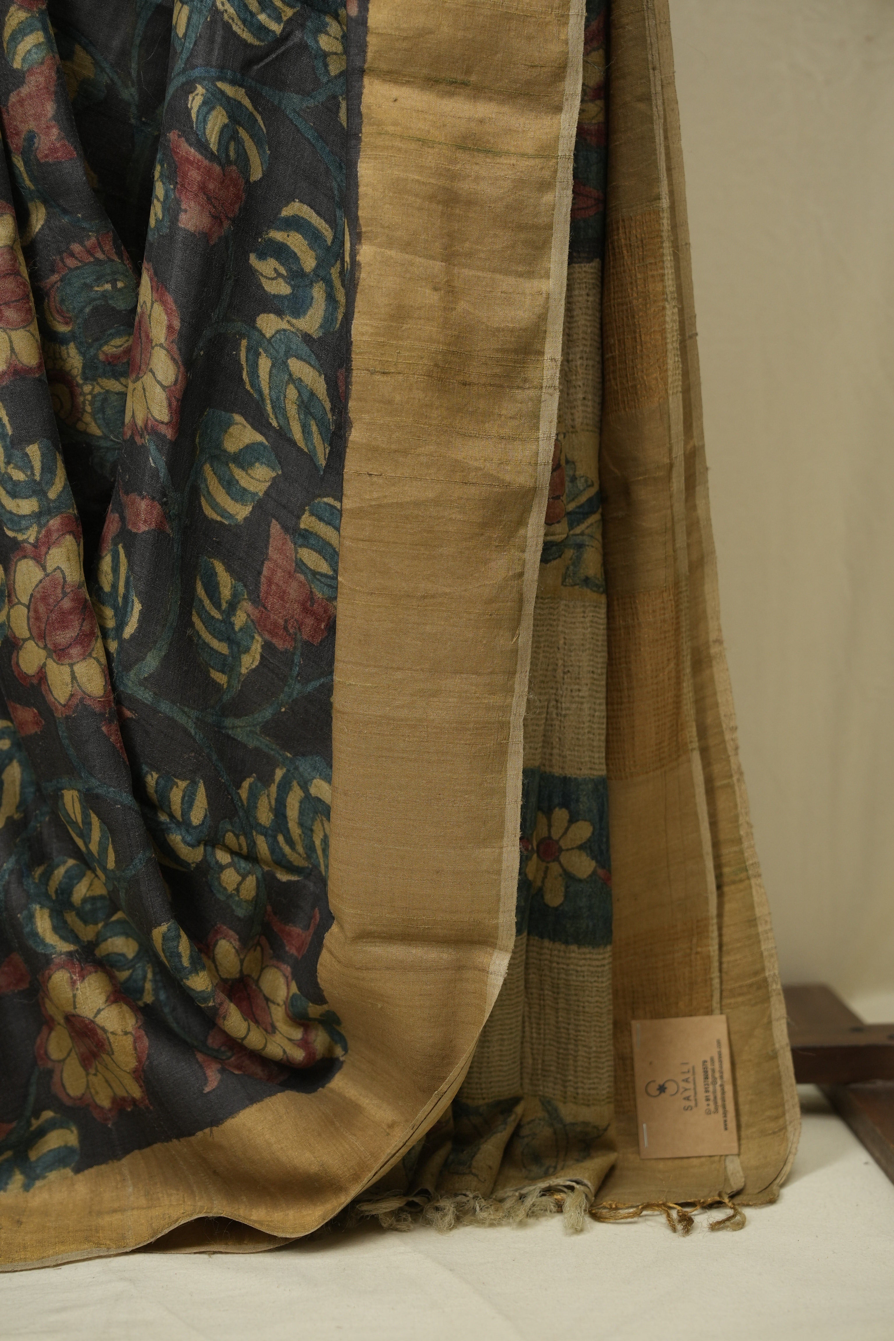 Charcoal Kalamkari Tussar Silk Saree - SRCKTSS48