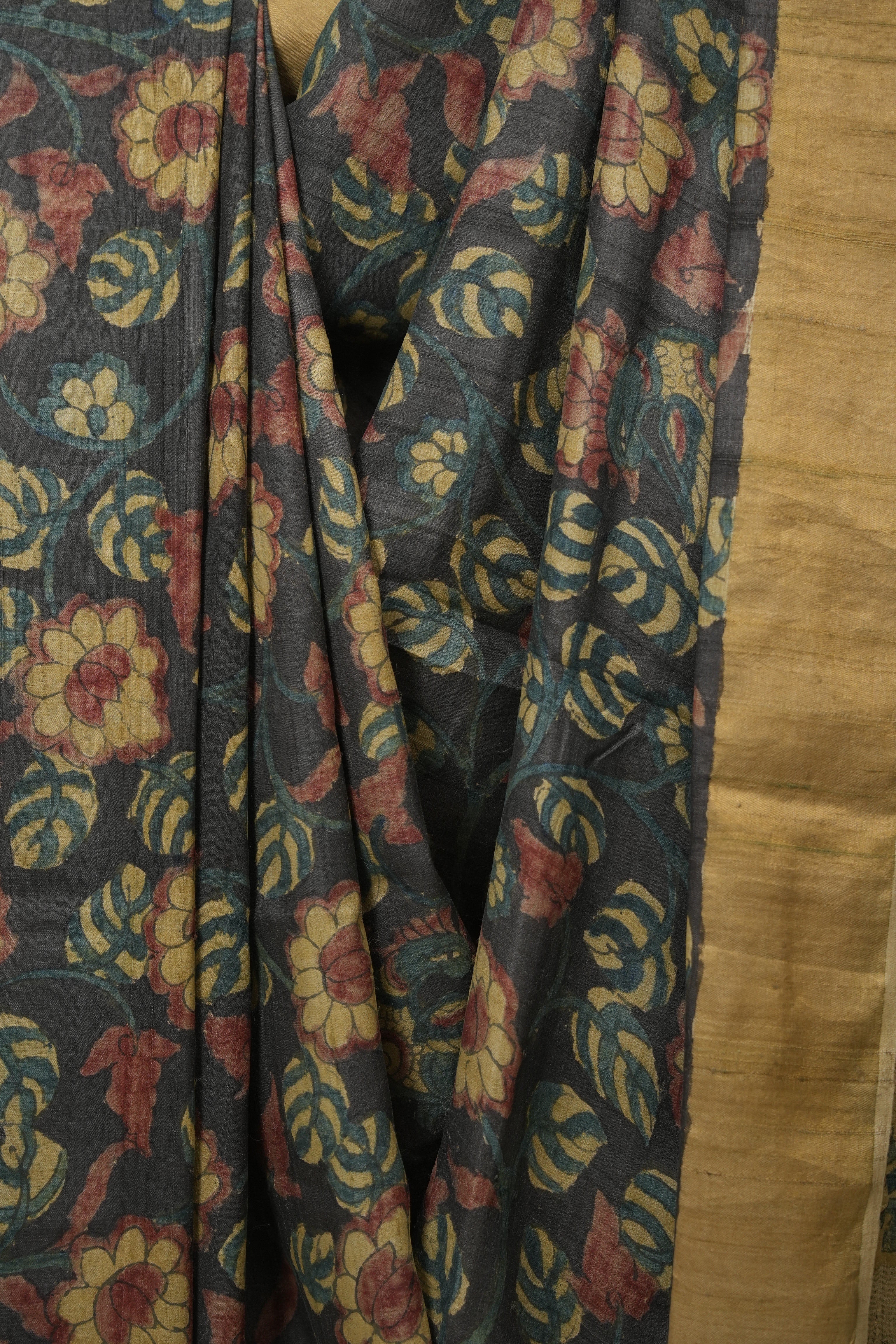 Charcoal Kalamkari Tussar Silk Saree - SRCKTSS48