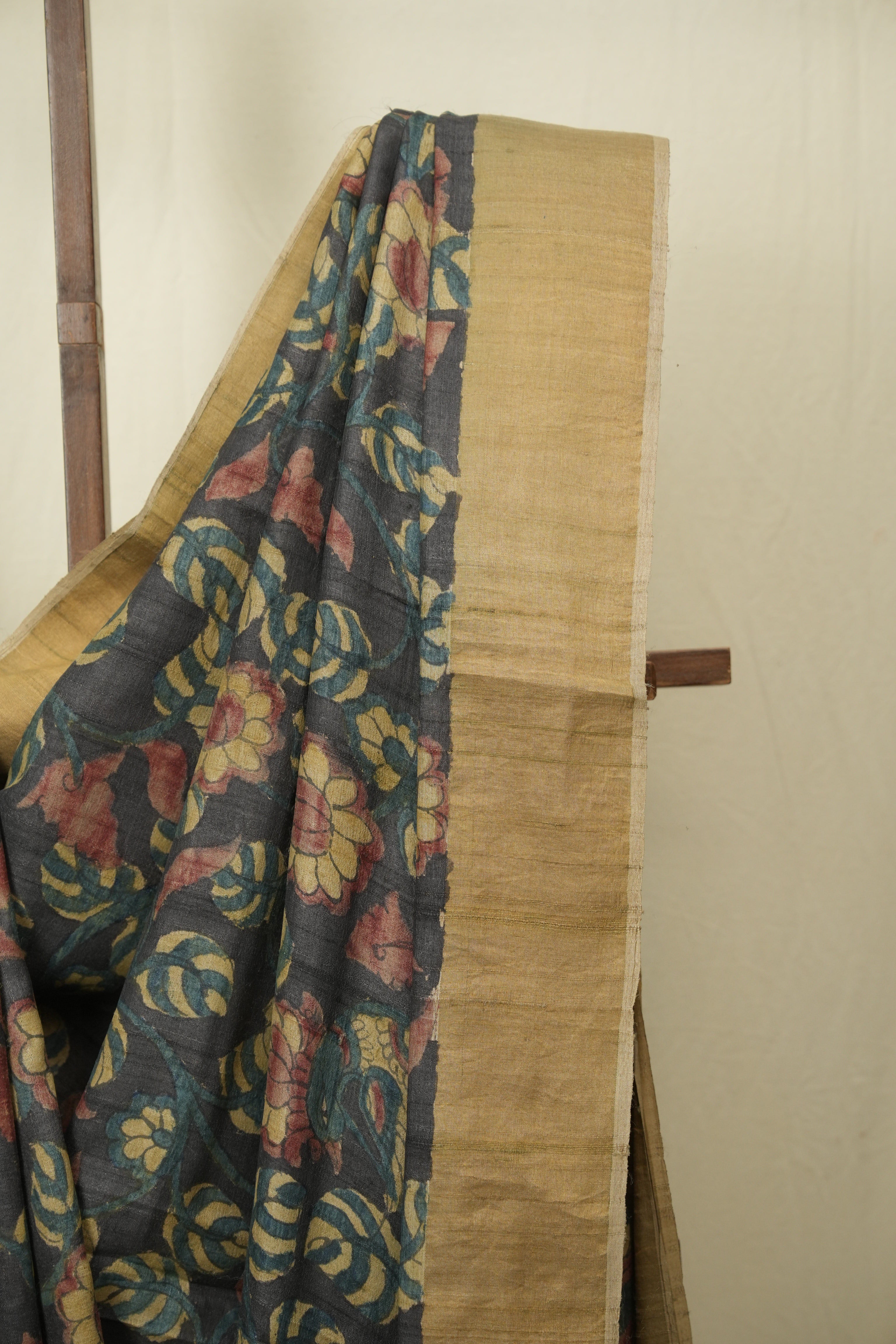 Charcoal Kalamkari Tussar Silk Saree - SRCKTSS48