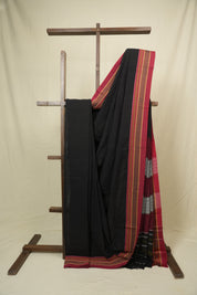 Black Plain Cotton Patteda Anchu Saree - SRBPPAS356