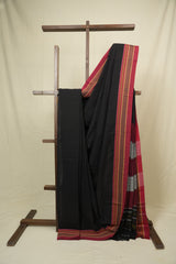 Black Plain Cotton Patteda Anchu Saree - SRBPPAS356