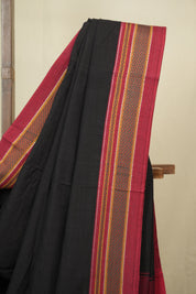 Black Plain Cotton Patteda Anchu Saree - SRBPPAS356