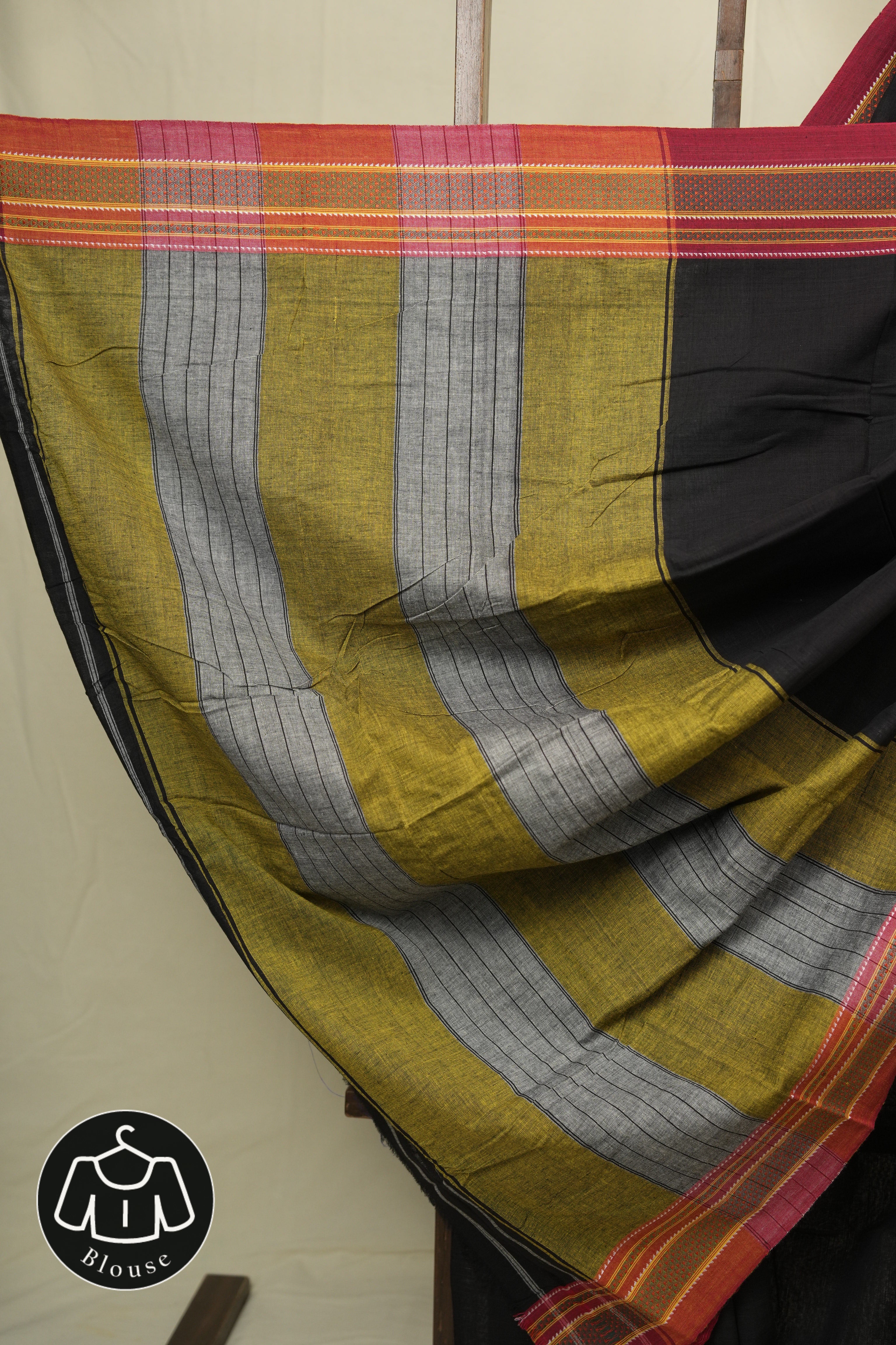 Black Plain Cotton Patteda Anchu Saree - SRBPPAS356