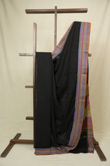 Black Plain Cotton Patteda Anchu Saree - SRBPPAS355