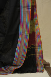 Black Plain Cotton Patteda Anchu Saree - SRBPPAS355