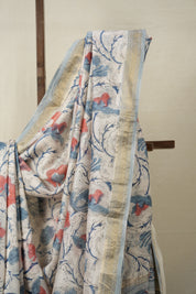 White- Blue HBP Cotton Silk Saree With Maheshwari Border - SRWBCSS1325