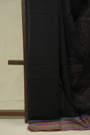 Black Plain Cotton Patteda Anchu Saree - SRBPPAS355