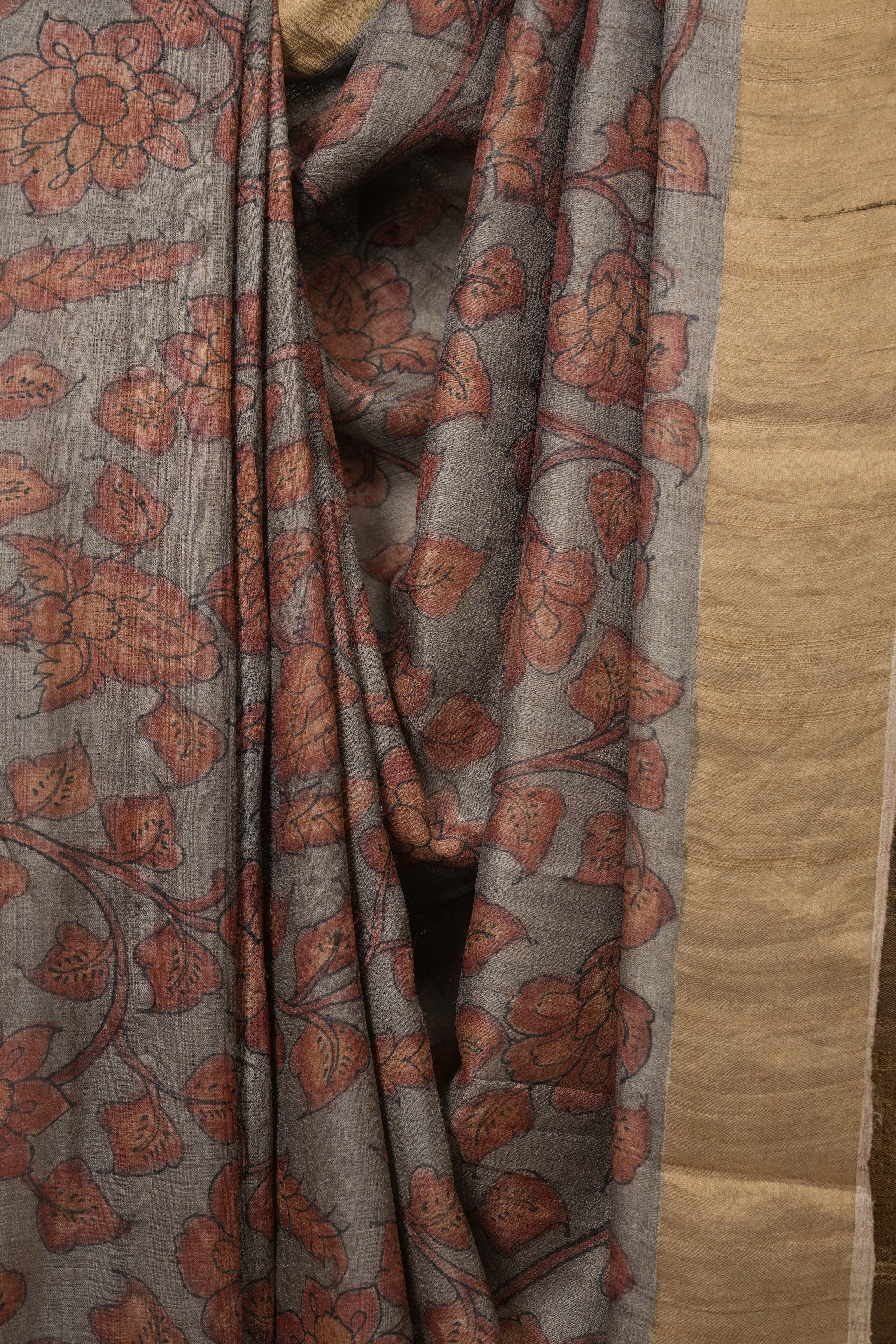 Grey Kalamkari Tussar Silk Saree - SRGKTSS46