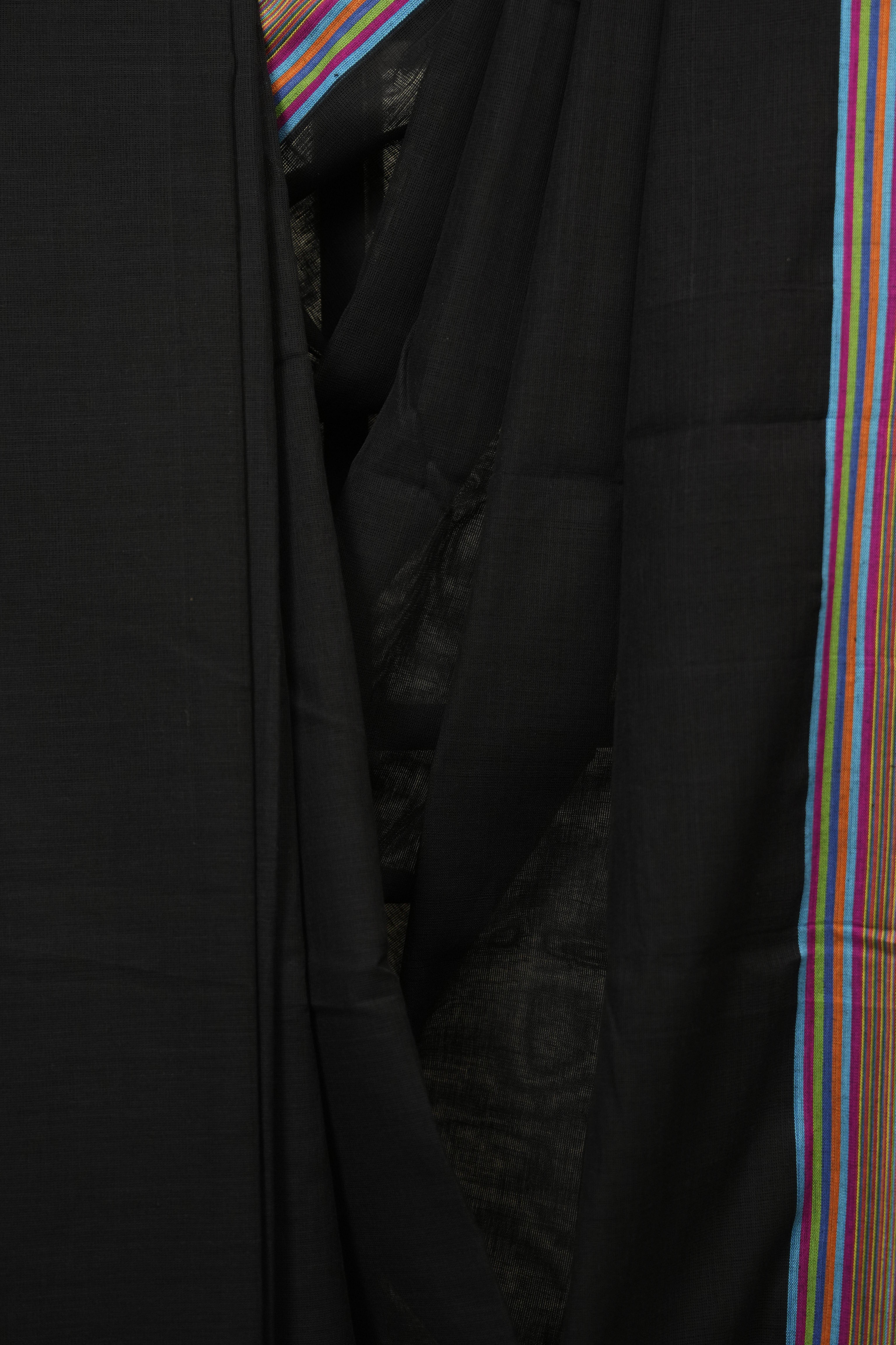 Black Plain Cotton Patteda Anchu Saree - SRBPPAS355
