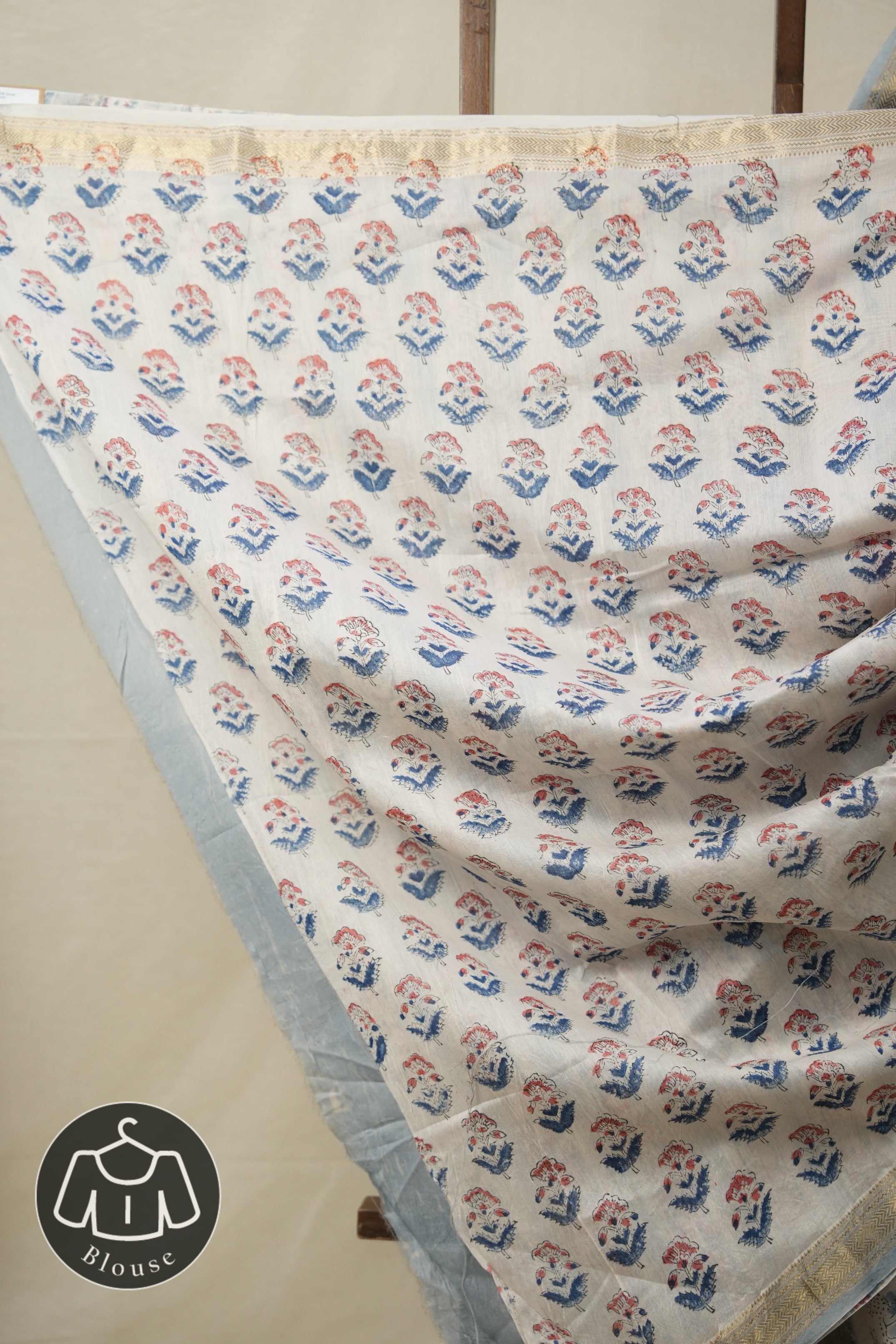 White- Blue HBP Cotton Silk Saree With Maheshwari Border - SRWBCSS1325