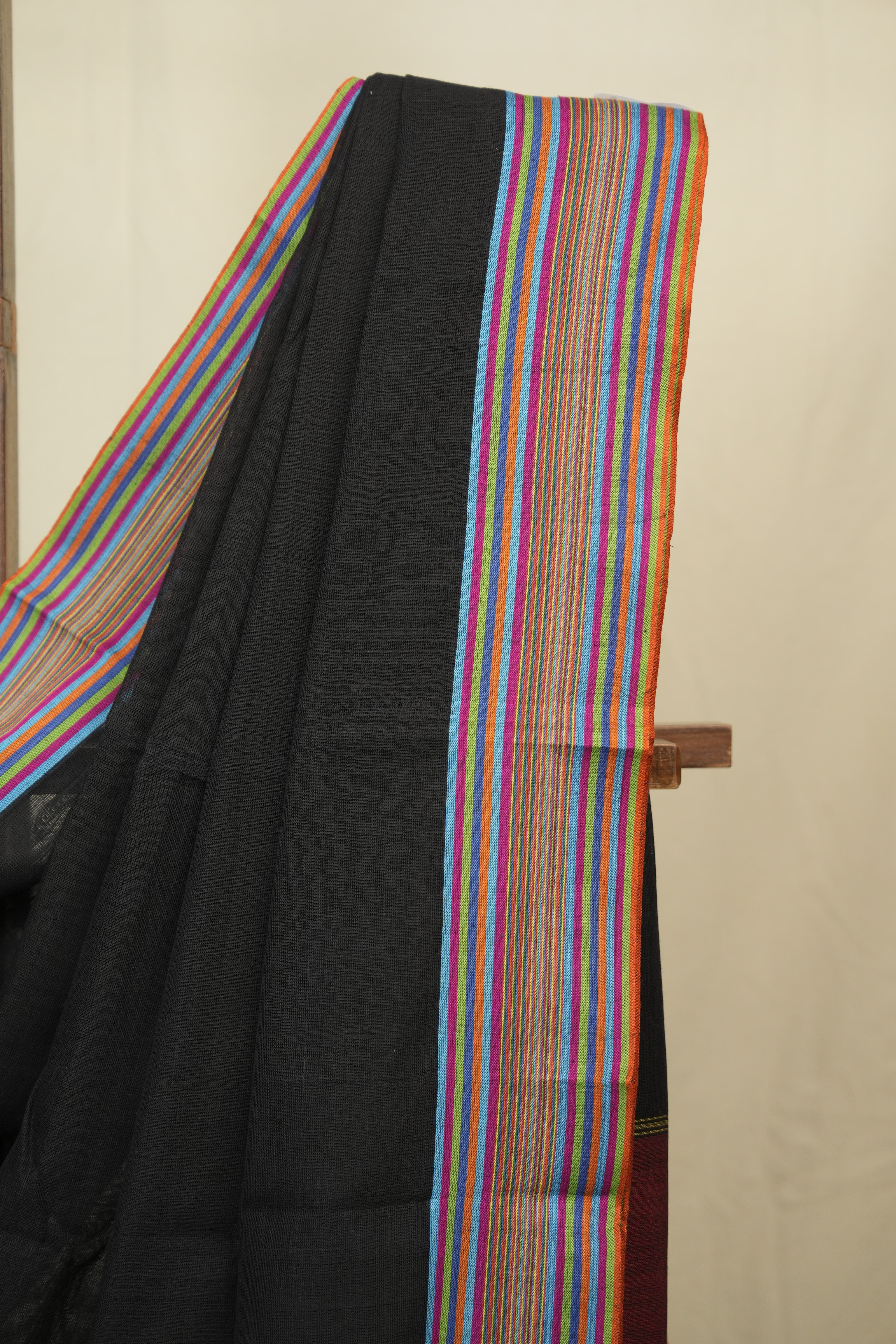 Black Plain Cotton Patteda Anchu Saree - SRBPPAS355