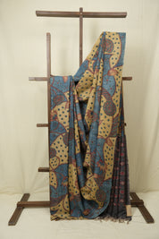 Beige Blue Kalamkari Tussar Silk Saree - SRBBKTSS50