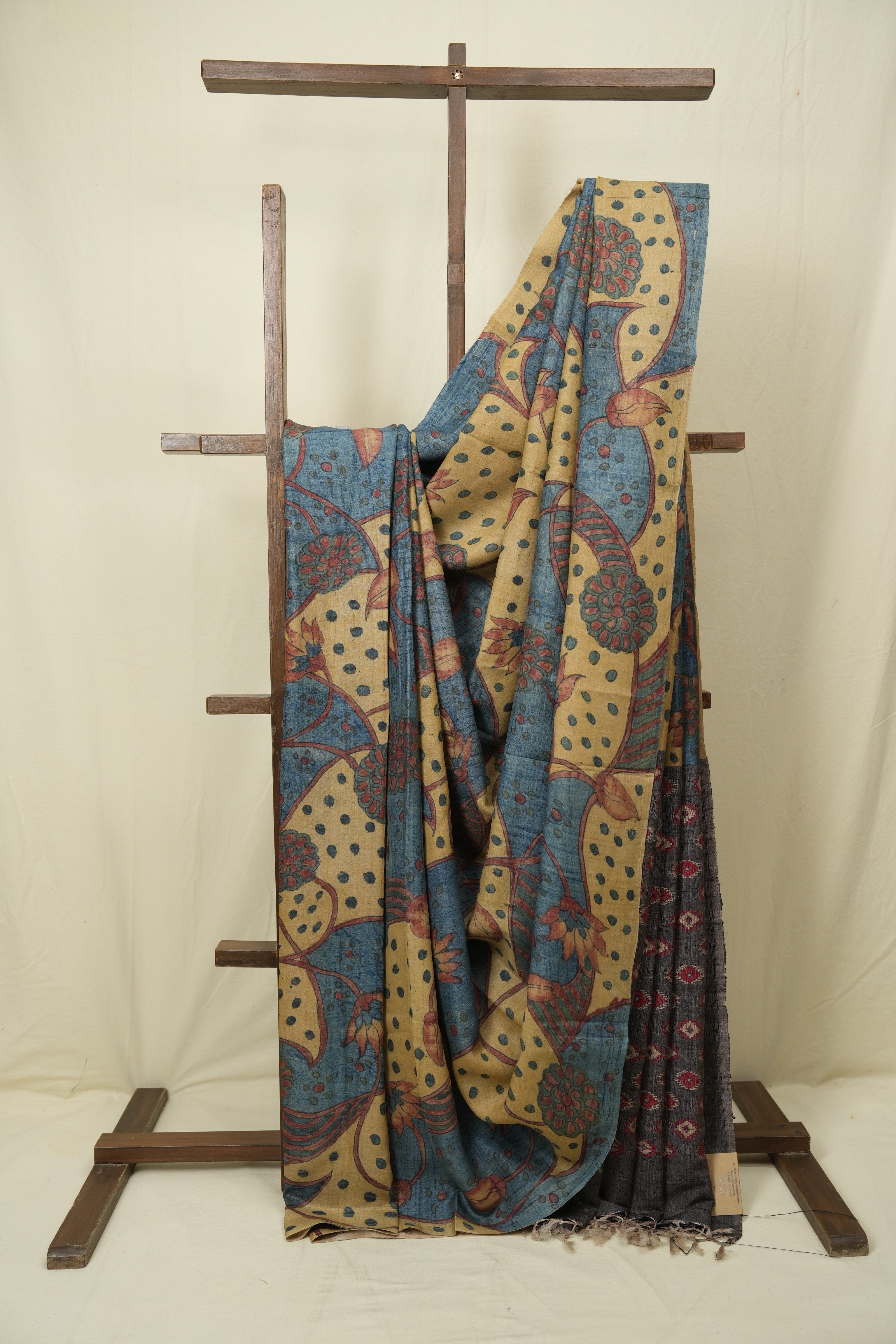 Beige Blue Kalamkari Tussar Silk Saree - SRBBKTSS50
