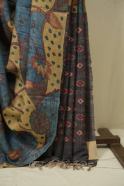 Beige Blue Kalamkari Tussar Silk Saree - SRBBKTSS50