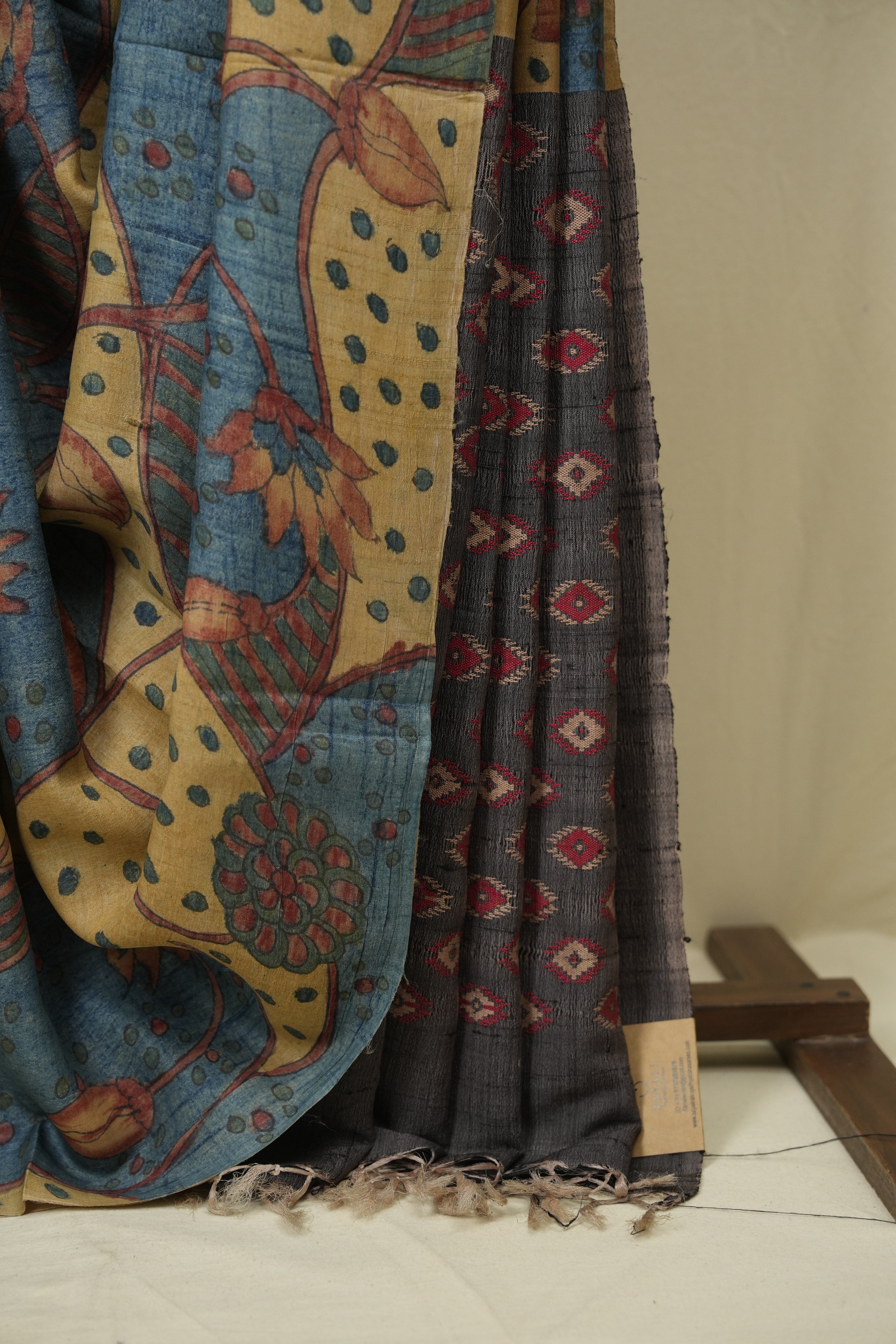 Beige Blue Kalamkari Tussar Silk Saree - SRBBKTSS50