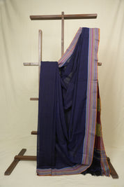 Navy Blue Plain Cotton Patteda Anchu Saree - SRNBPPAS354