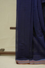 Navy Blue Plain Cotton Patteda Anchu Saree - SRNBPPAS354