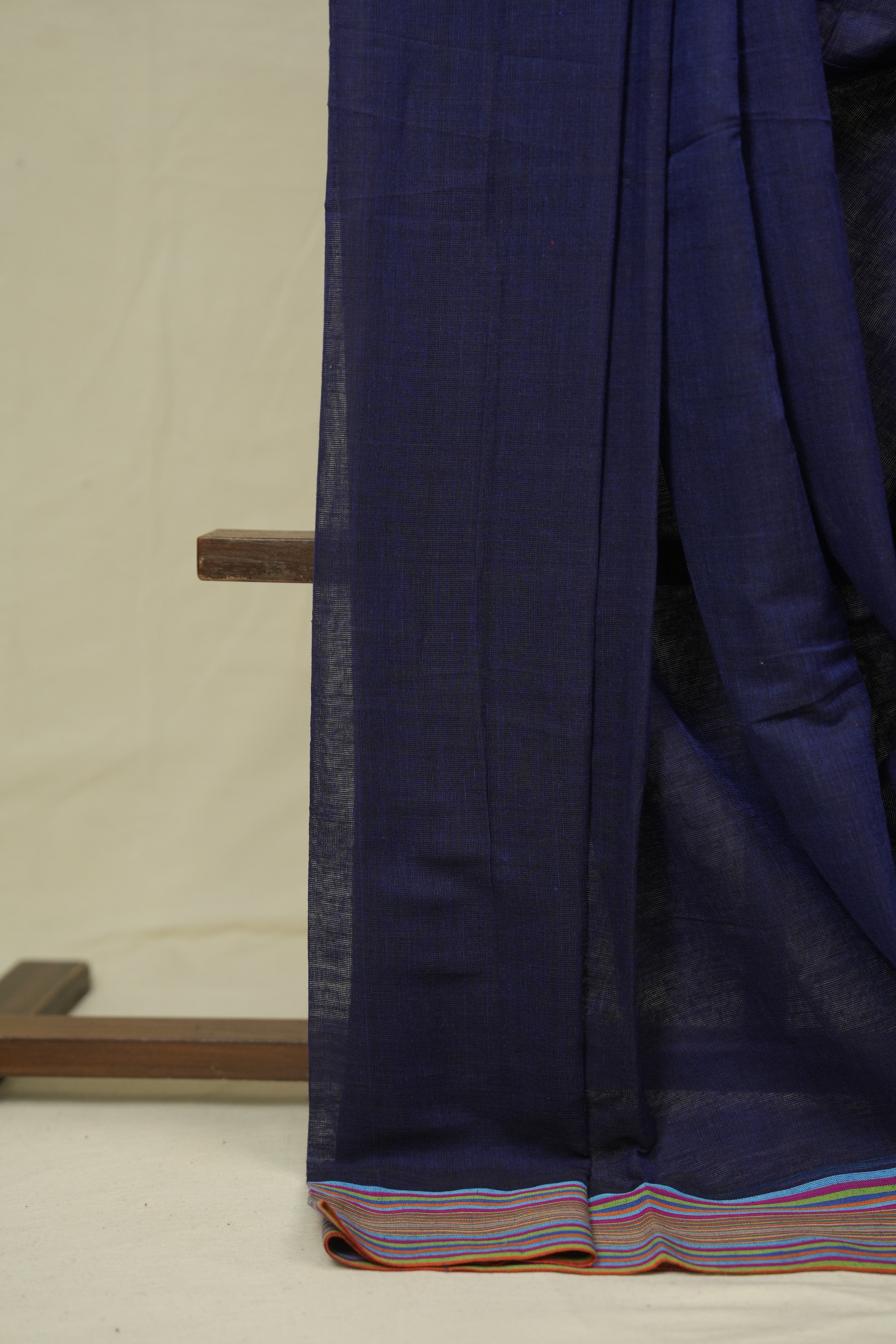 Navy Blue Plain Cotton Patteda Anchu Saree - SRNBPPAS354