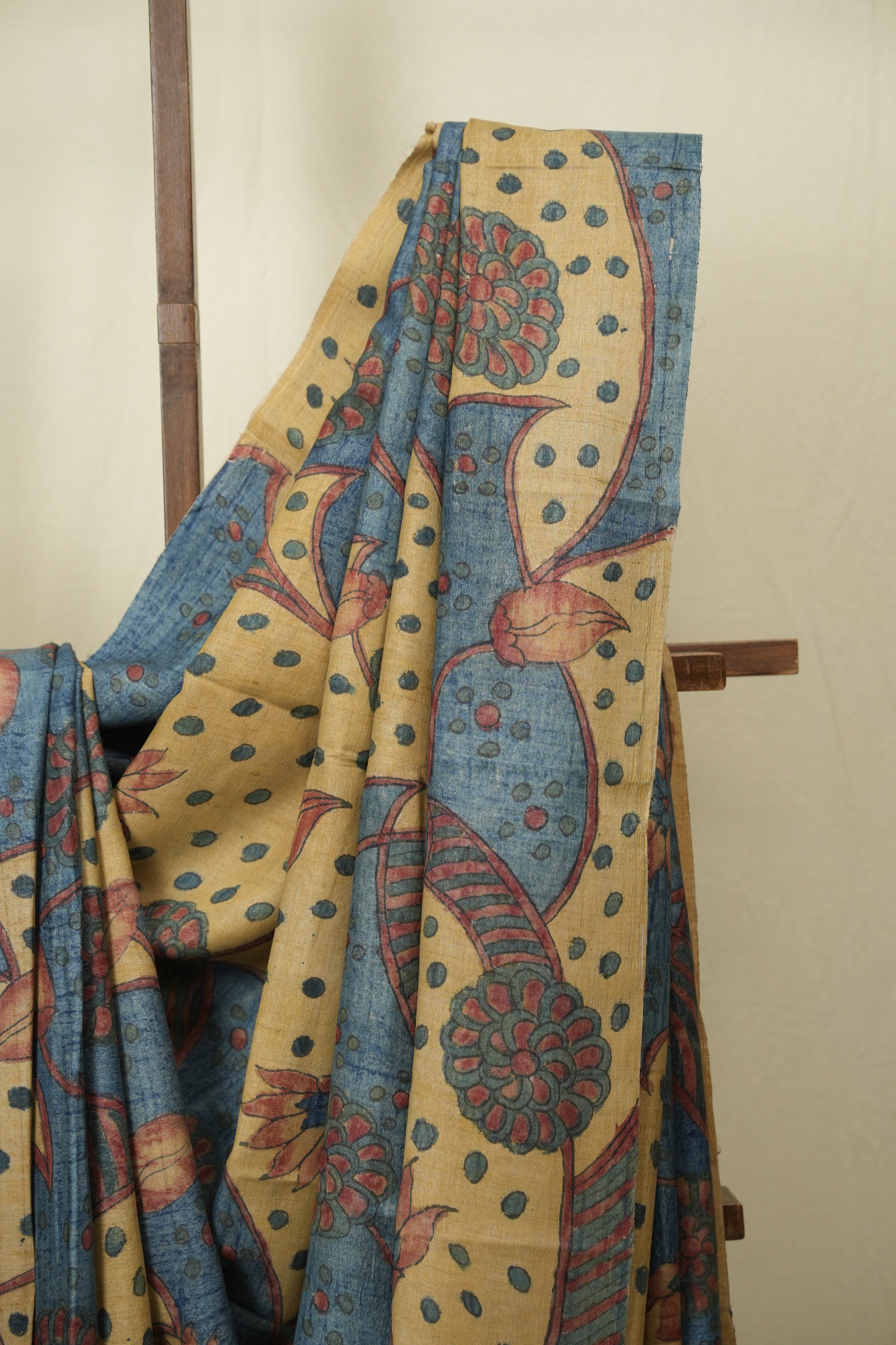 Beige Blue Kalamkari Tussar Silk Saree - SRBBKTSS50