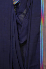 Navy Blue Plain Cotton Patteda Anchu Saree - SRNBPPAS354
