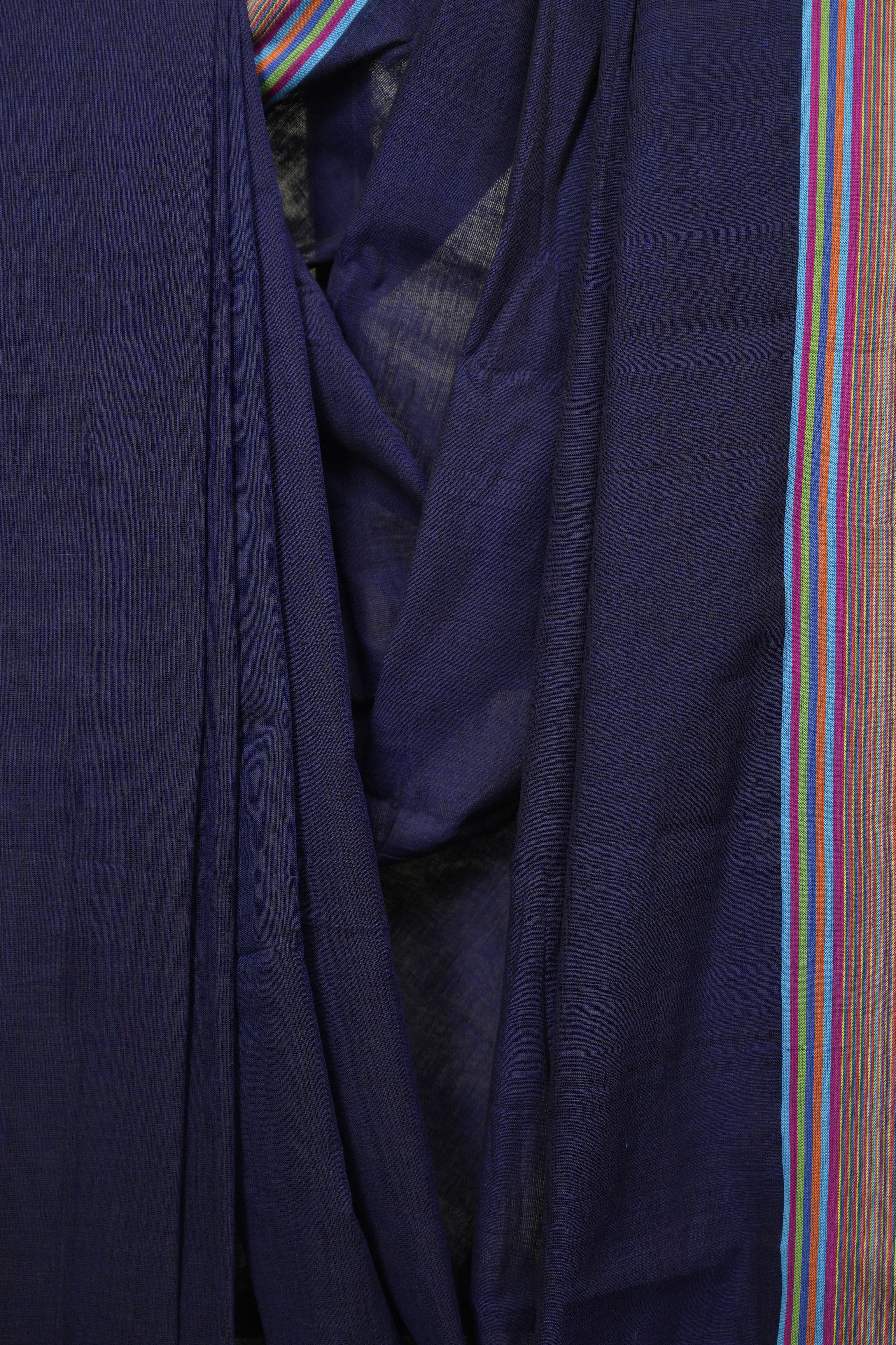 Navy Blue Plain Cotton Patteda Anchu Saree - SRNBPPAS354