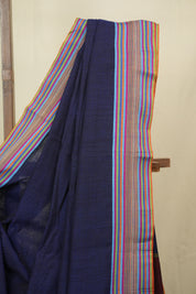 Navy Blue Plain Cotton Patteda Anchu Saree - SRNBPPAS354