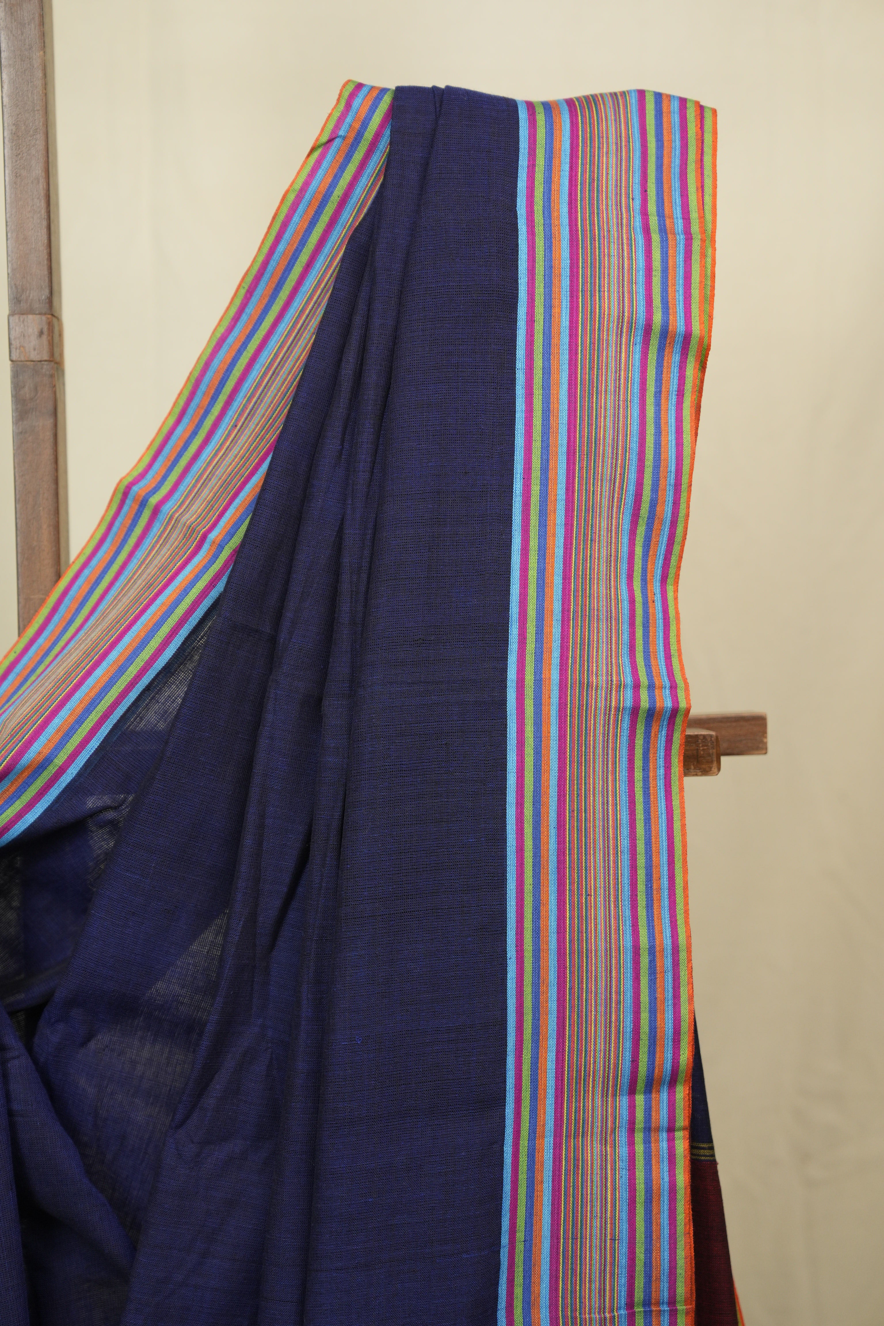 Navy Blue Plain Cotton Patteda Anchu Saree - SRNBPPAS354