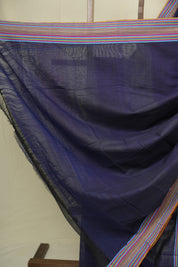 Navy Blue Plain Cotton Patteda Anchu Saree - SRNBPPAS354