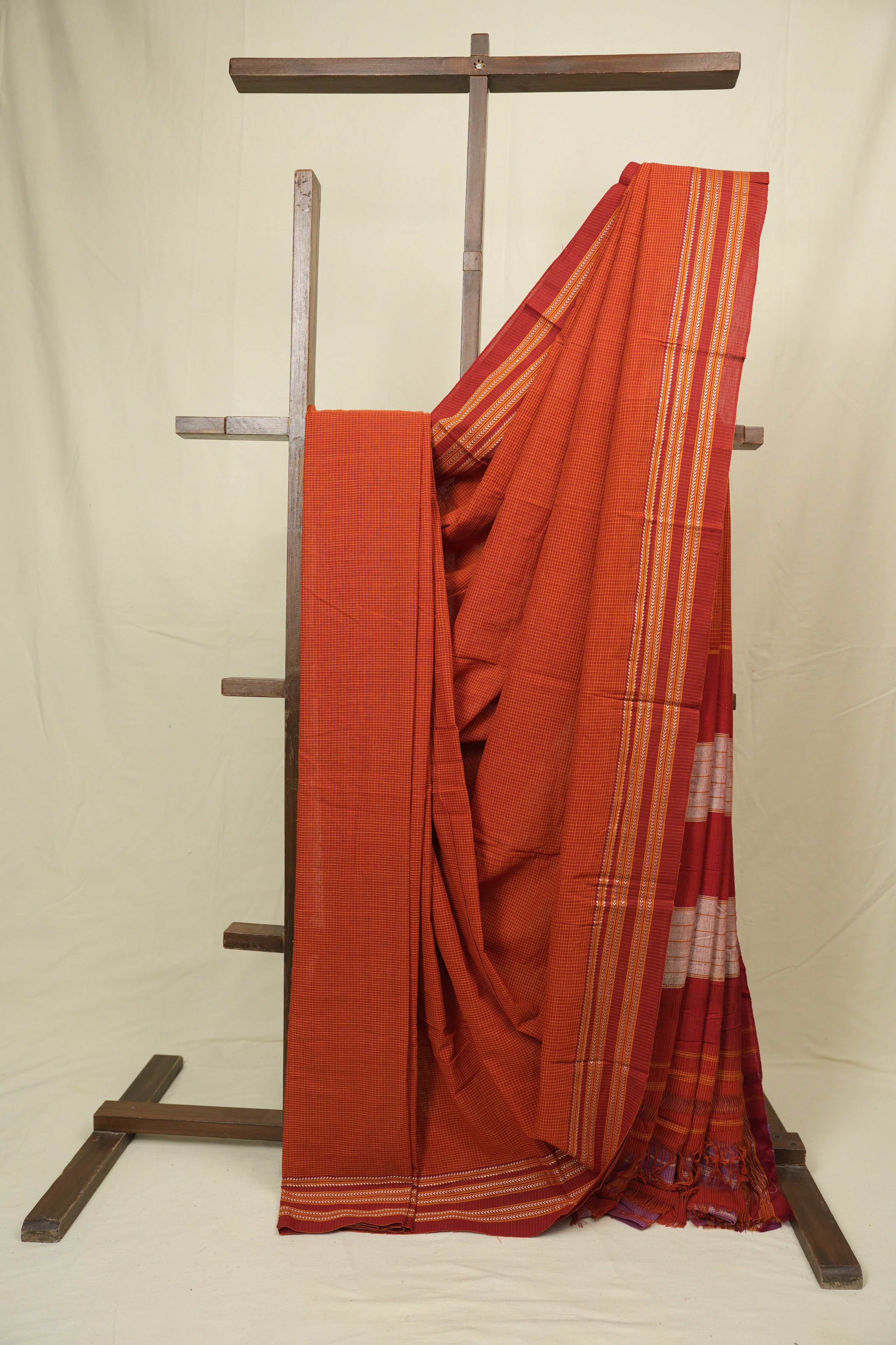Orange Small Checks Cotton Patteda Anchu Saree - SROPAS351