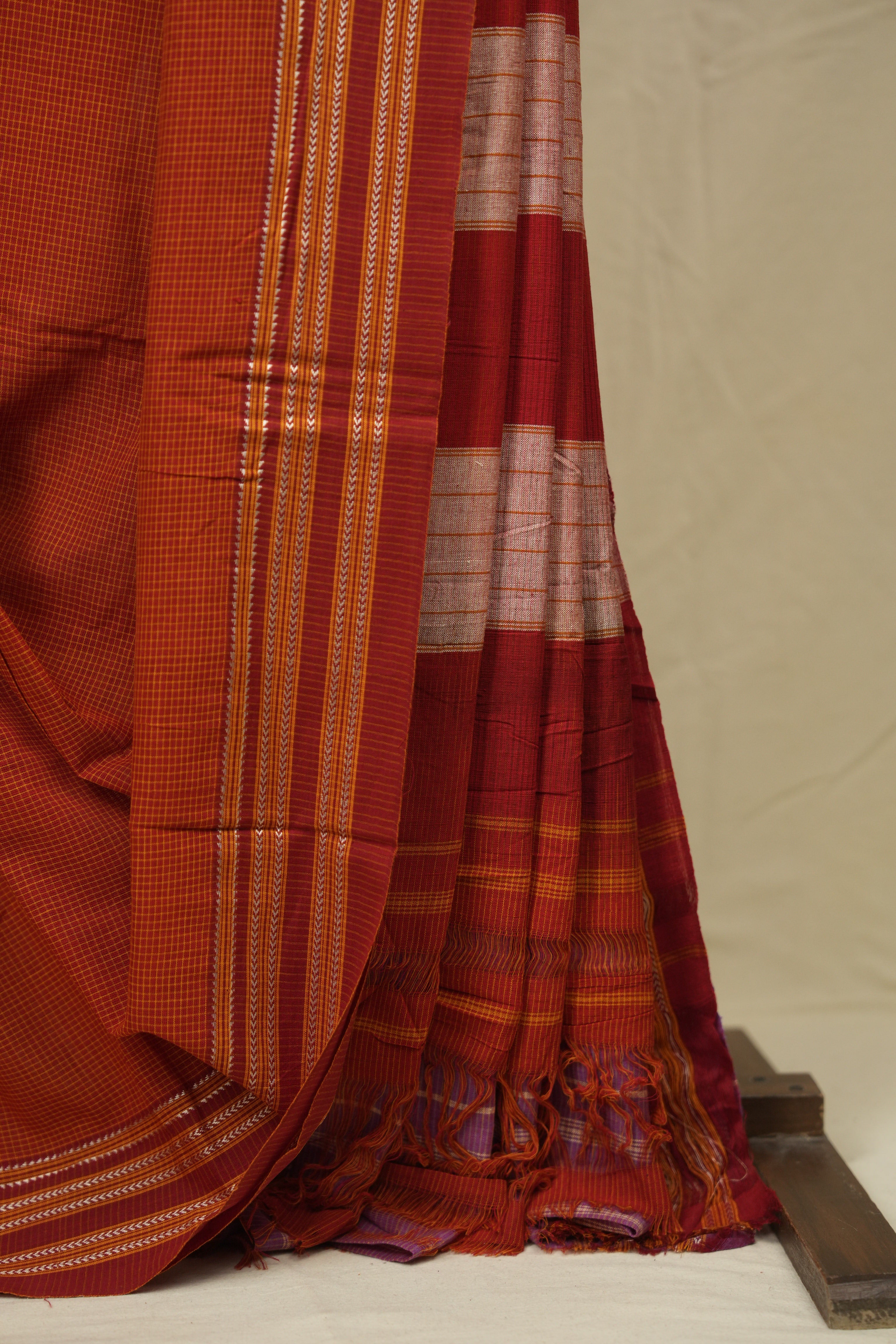 Orange Small Checks Cotton Patteda Anchu Saree - SROPAS351