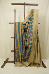 Yellow Blue Kalamkari Tussar Silk Saree - SRYBKTSS53