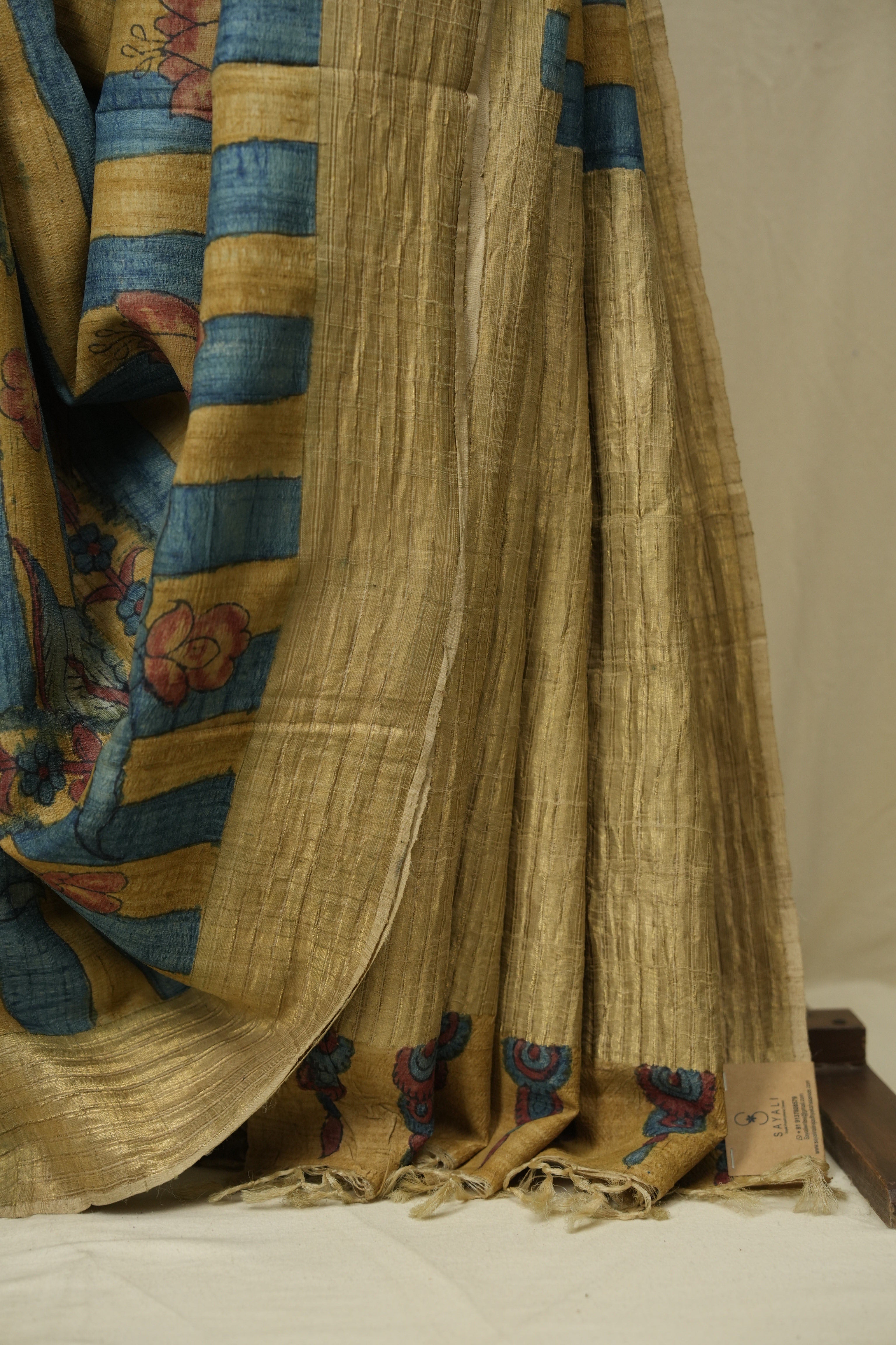 Yellow Blue Kalamkari Tussar Silk Saree - SRYBKTSS53