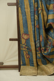 Yellow Blue Kalamkari Tussar Silk Saree - SRYBKTSS53