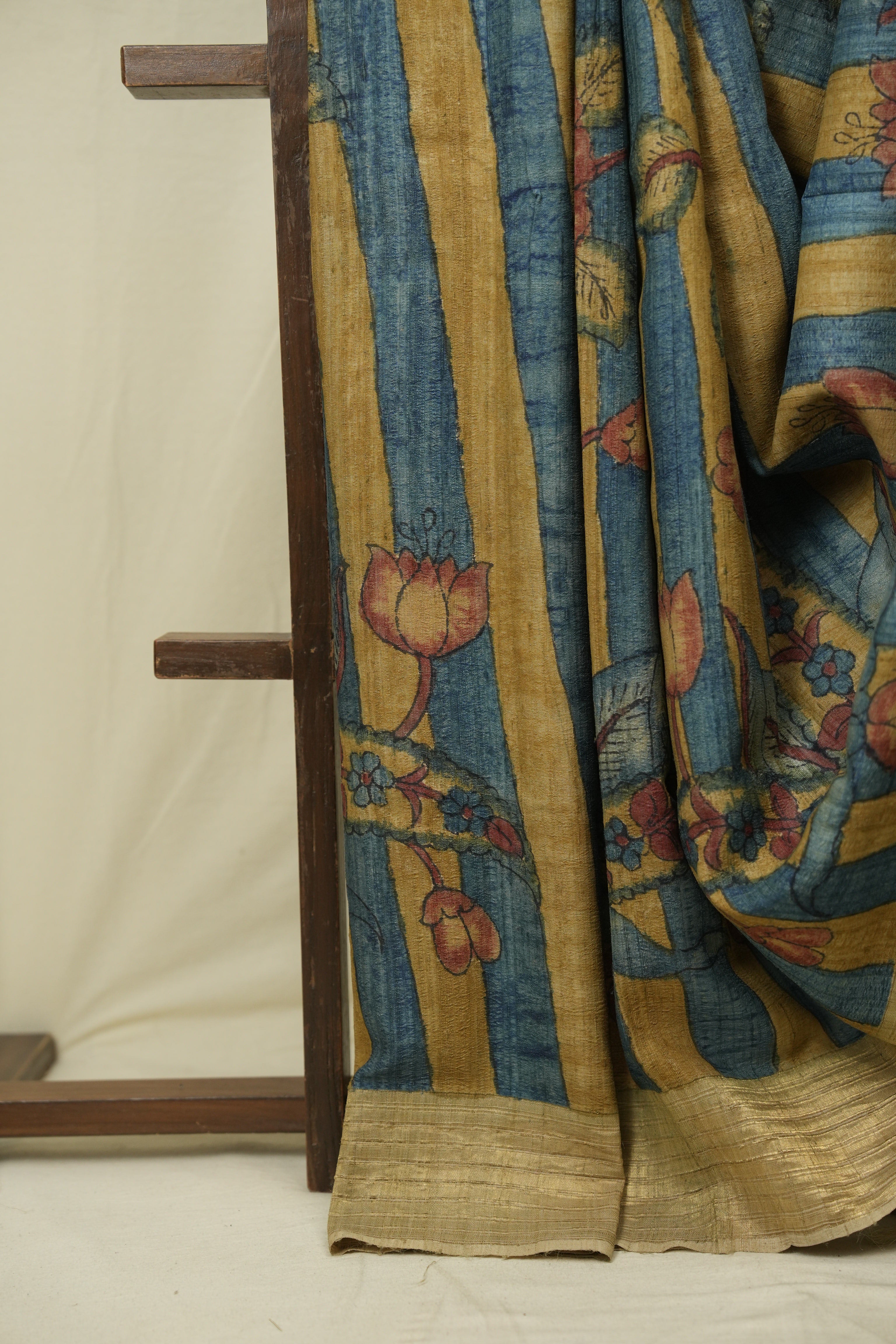 Yellow Blue Kalamkari Tussar Silk Saree - SRYBKTSS53