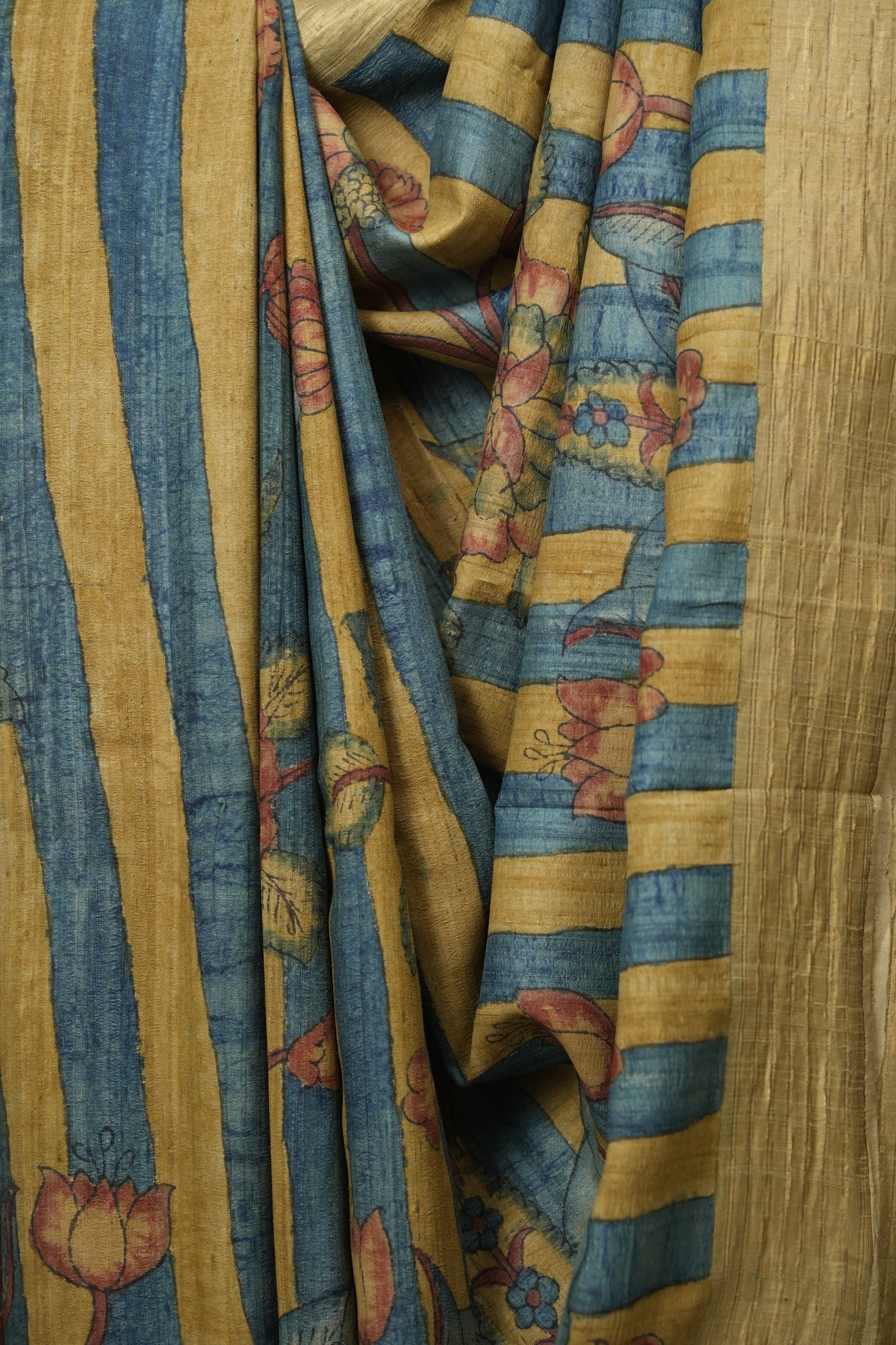 Yellow Blue Kalamkari Tussar Silk Saree - SRYBKTSS53