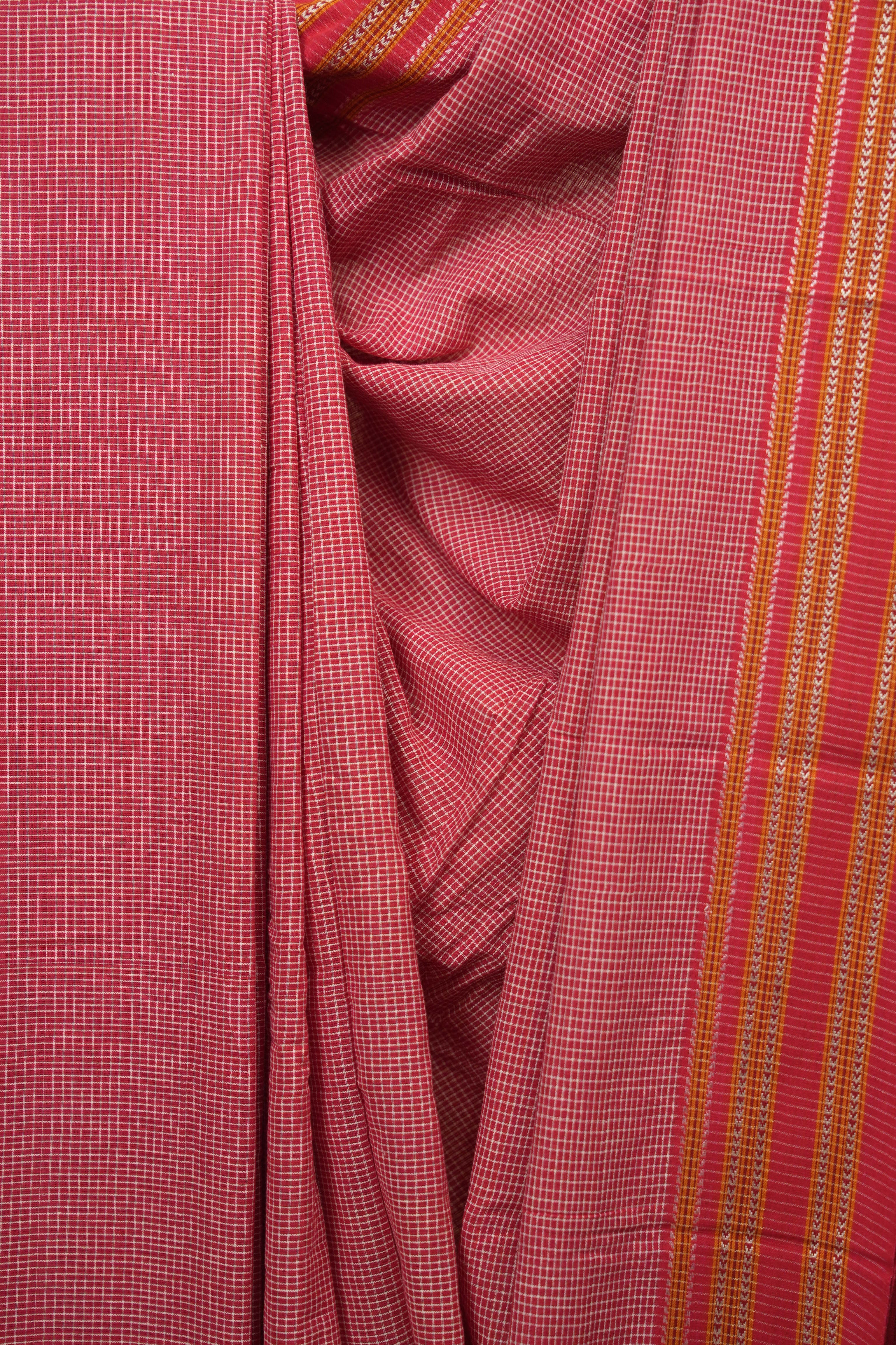 Red Small Checks Cotton Patteda Anchu Saree - SRRSCPAS353
