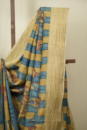 Yellow Blue Kalamkari Tussar Silk Saree - SRYBKTSS53