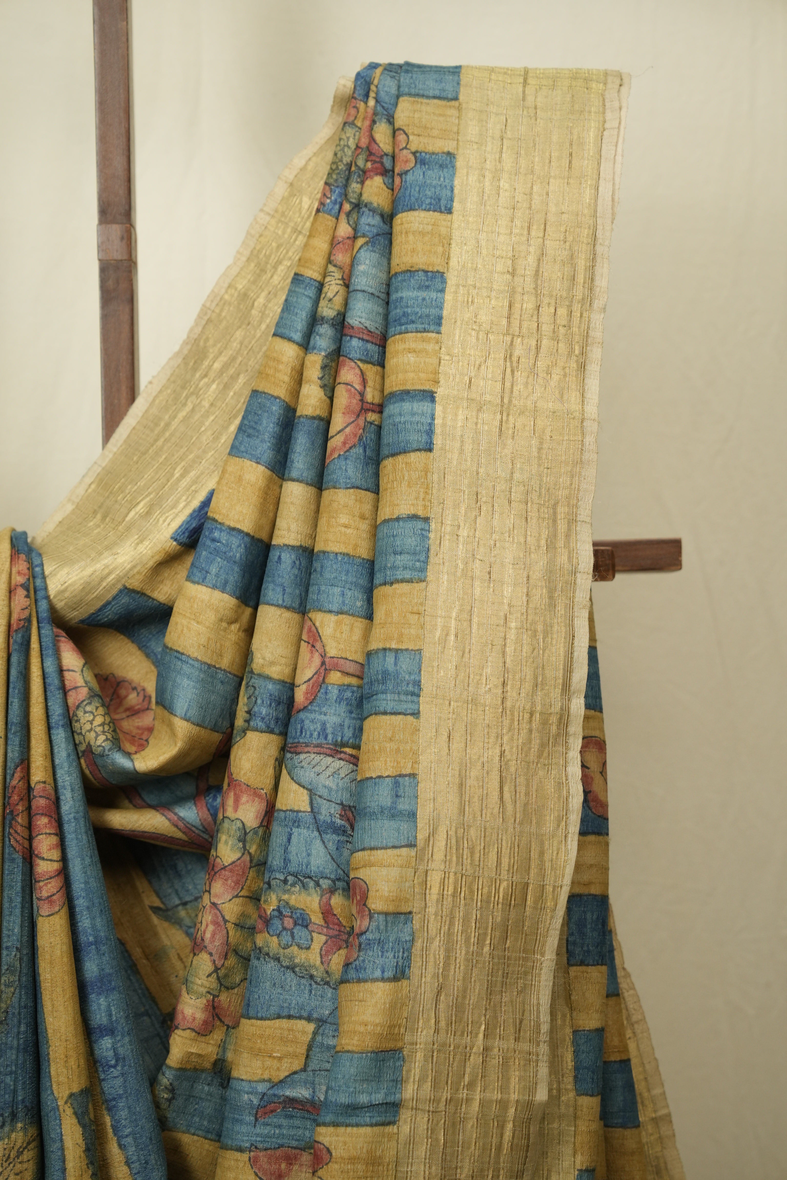 Yellow Blue Kalamkari Tussar Silk Saree - SRYBKTSS53