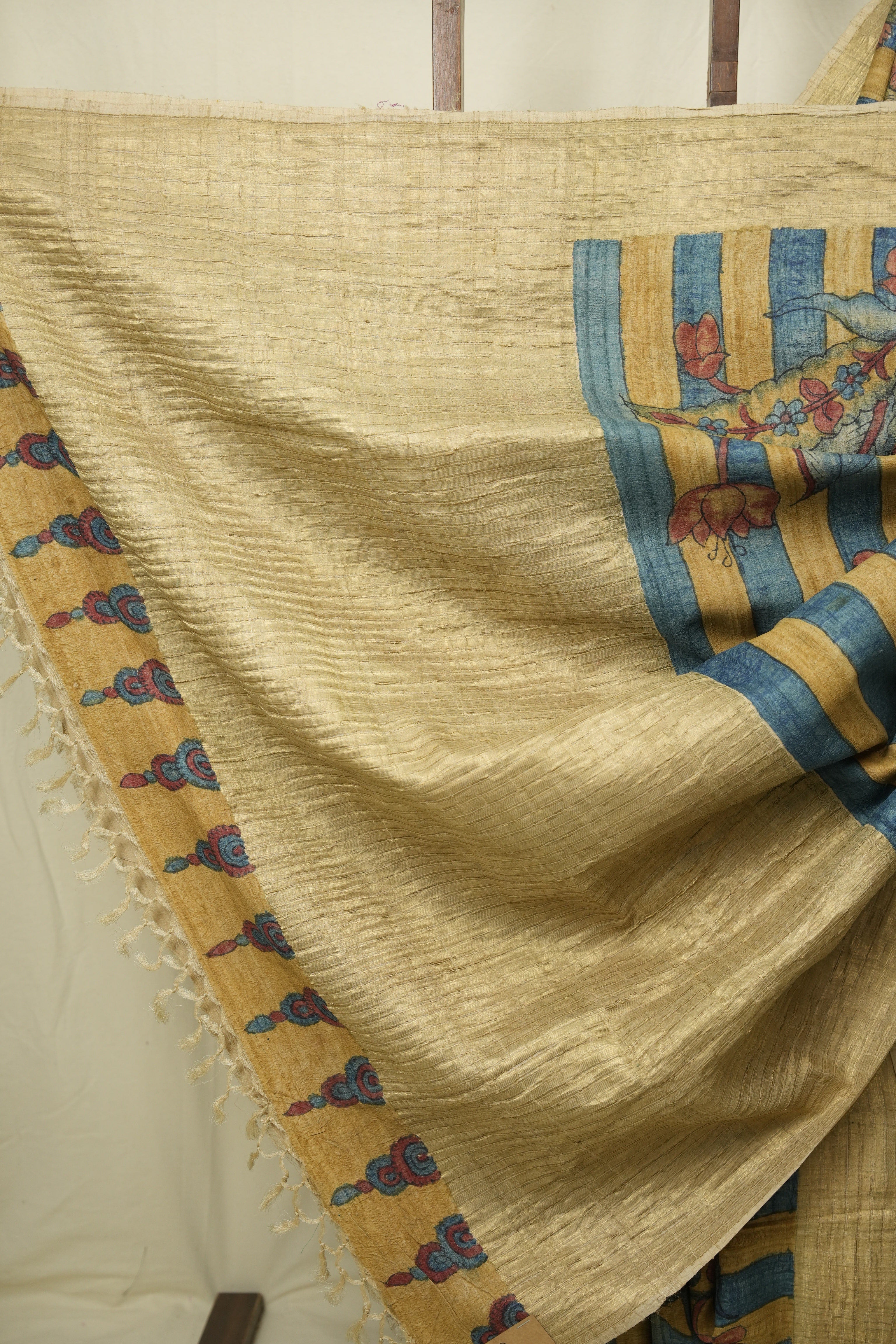 Yellow Blue Kalamkari Tussar Silk Saree - SRYBKTSS53