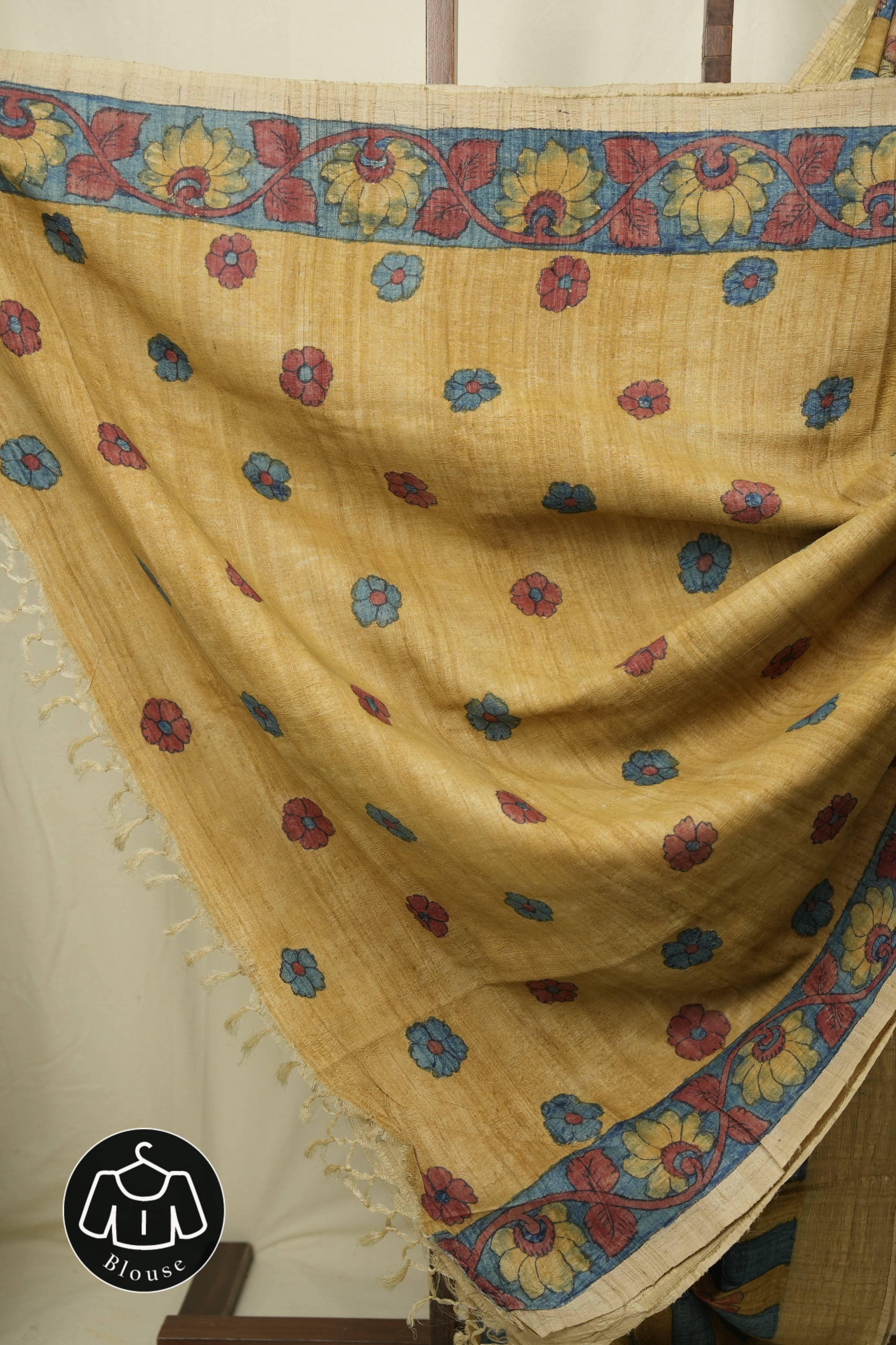 Yellow Blue Kalamkari Tussar Silk Saree - SRYBKTSS53