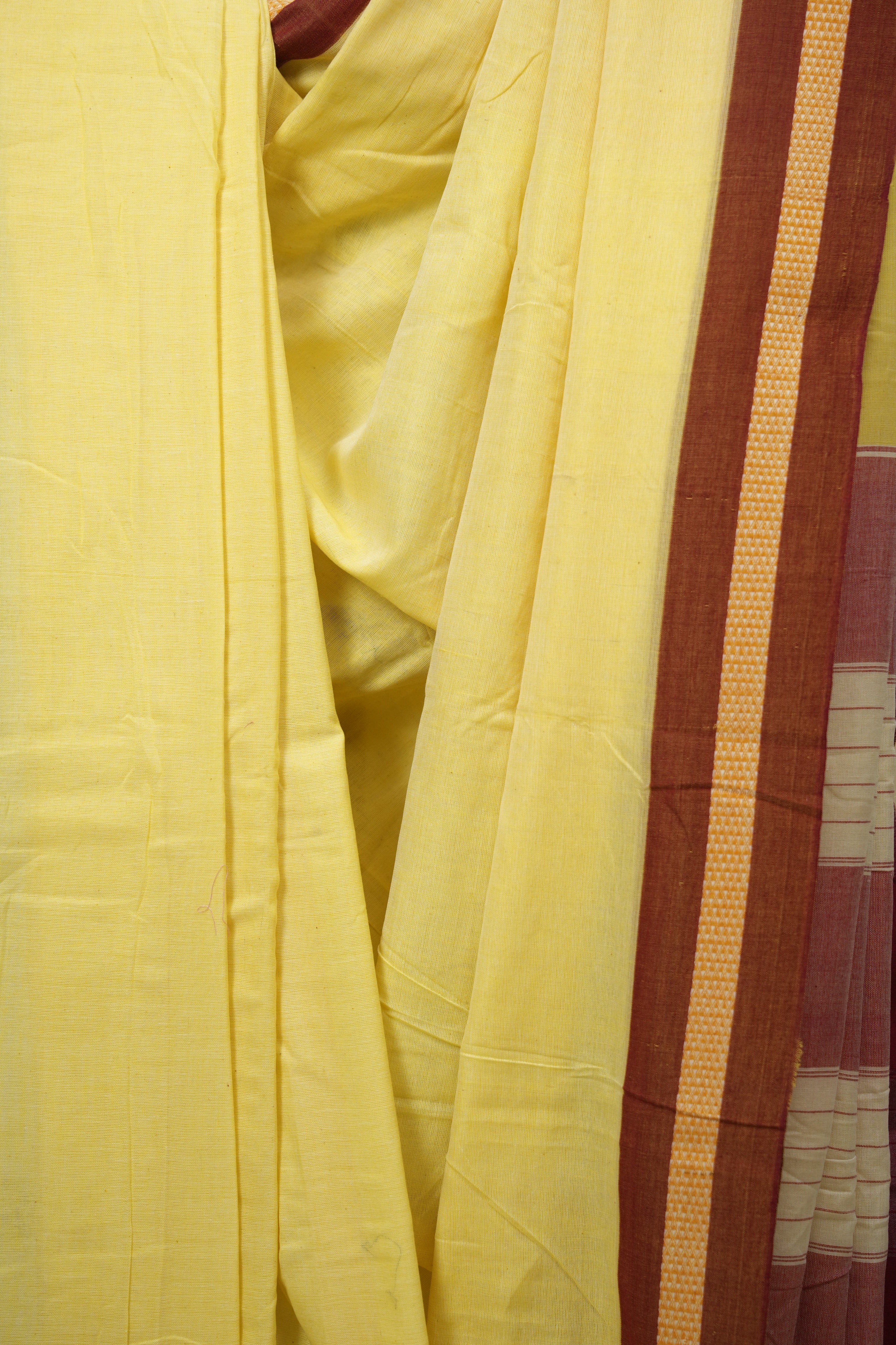 Yellow Plain Cotton Patteda Anchu Saree - SRYPAS360