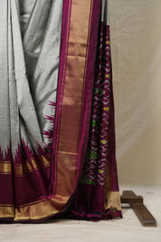 Grey Magenta Pochampalli Silk Ikat Saree - SRGMPSIS256