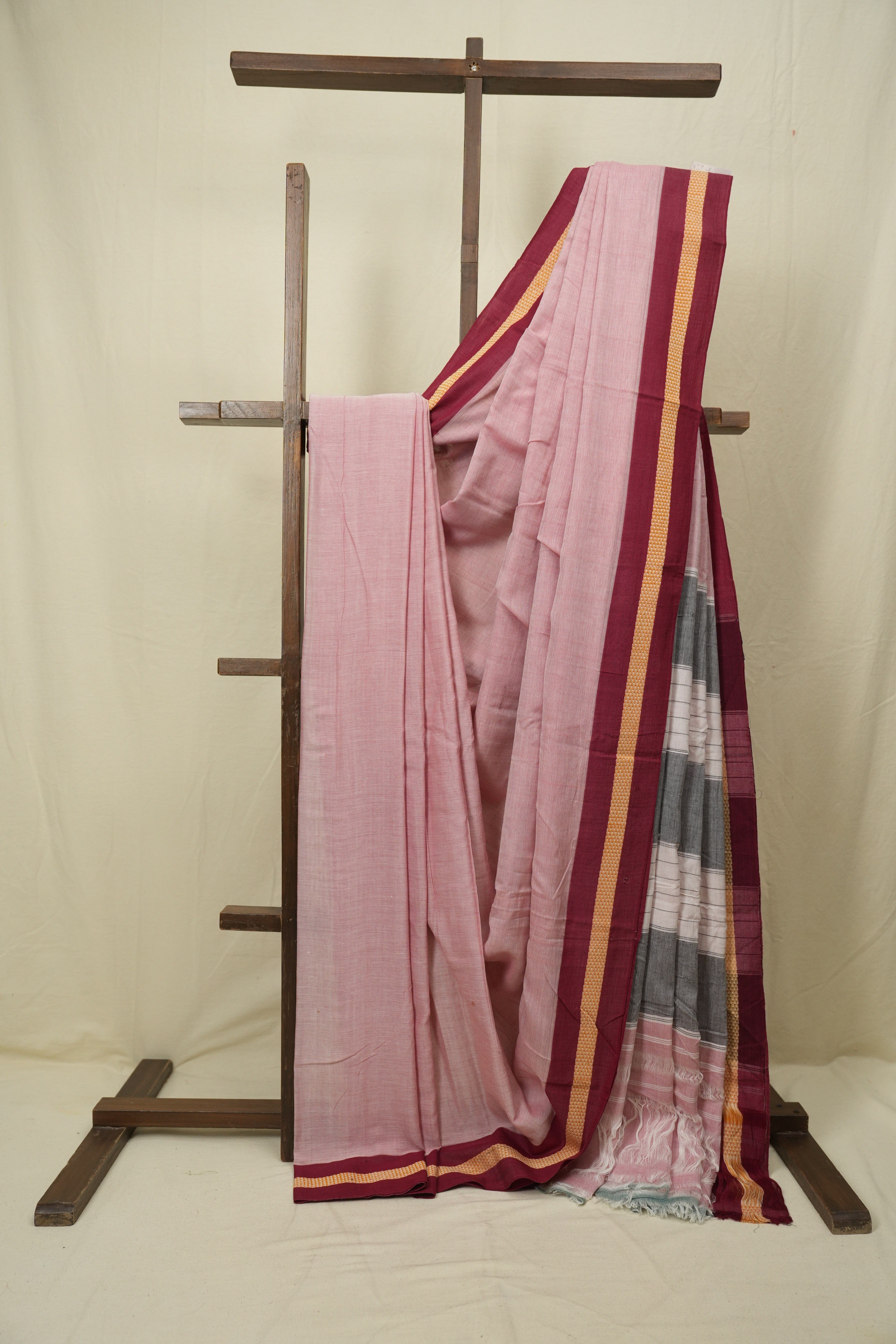 Pink Plain Cotton Patteda Anchu Saree - SRPPAS359