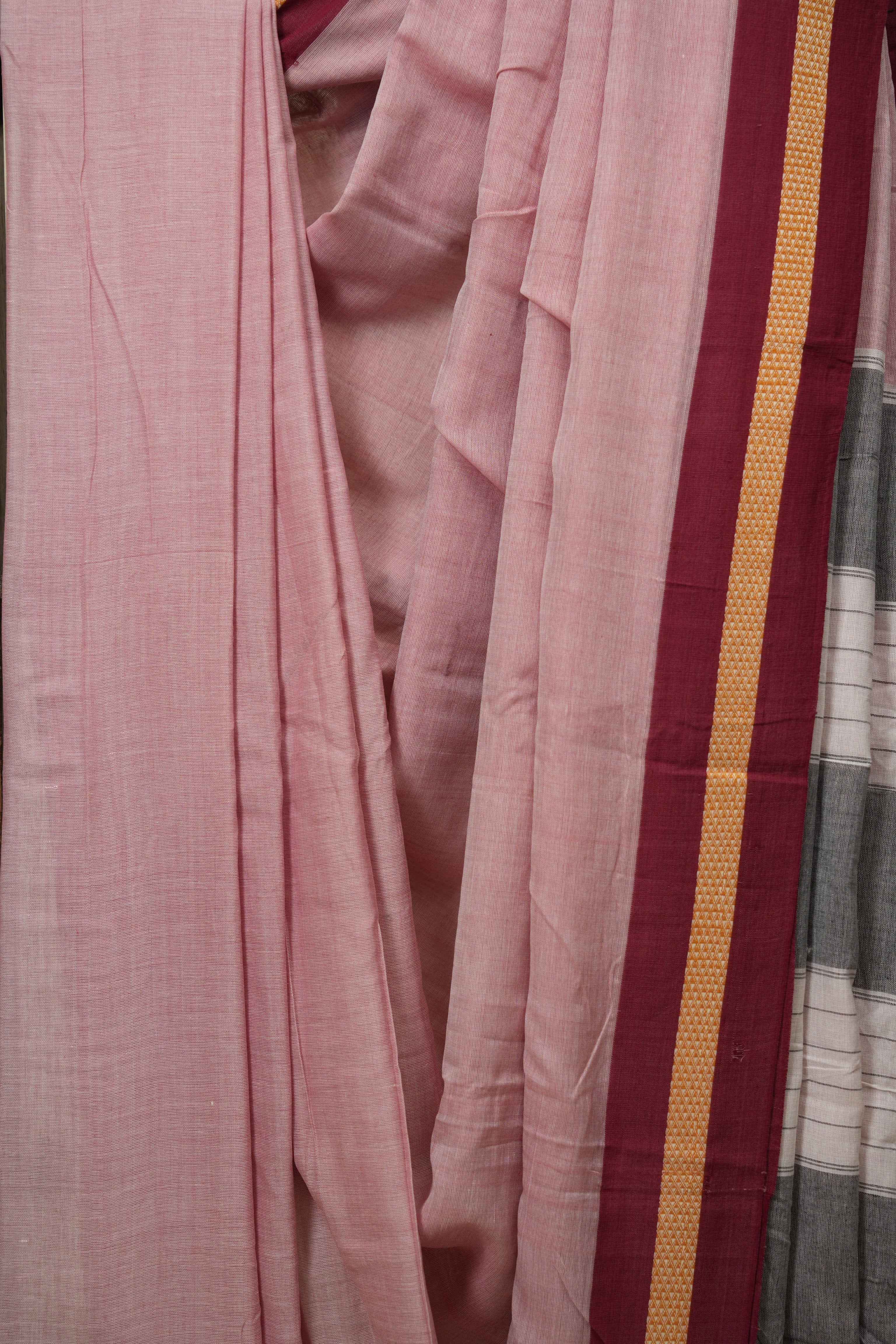 Pink Plain Cotton Patteda Anchu Saree - SRPPAS359