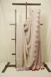 Cream Sequins Linen Saree With Red Tassels - SRCSLS514