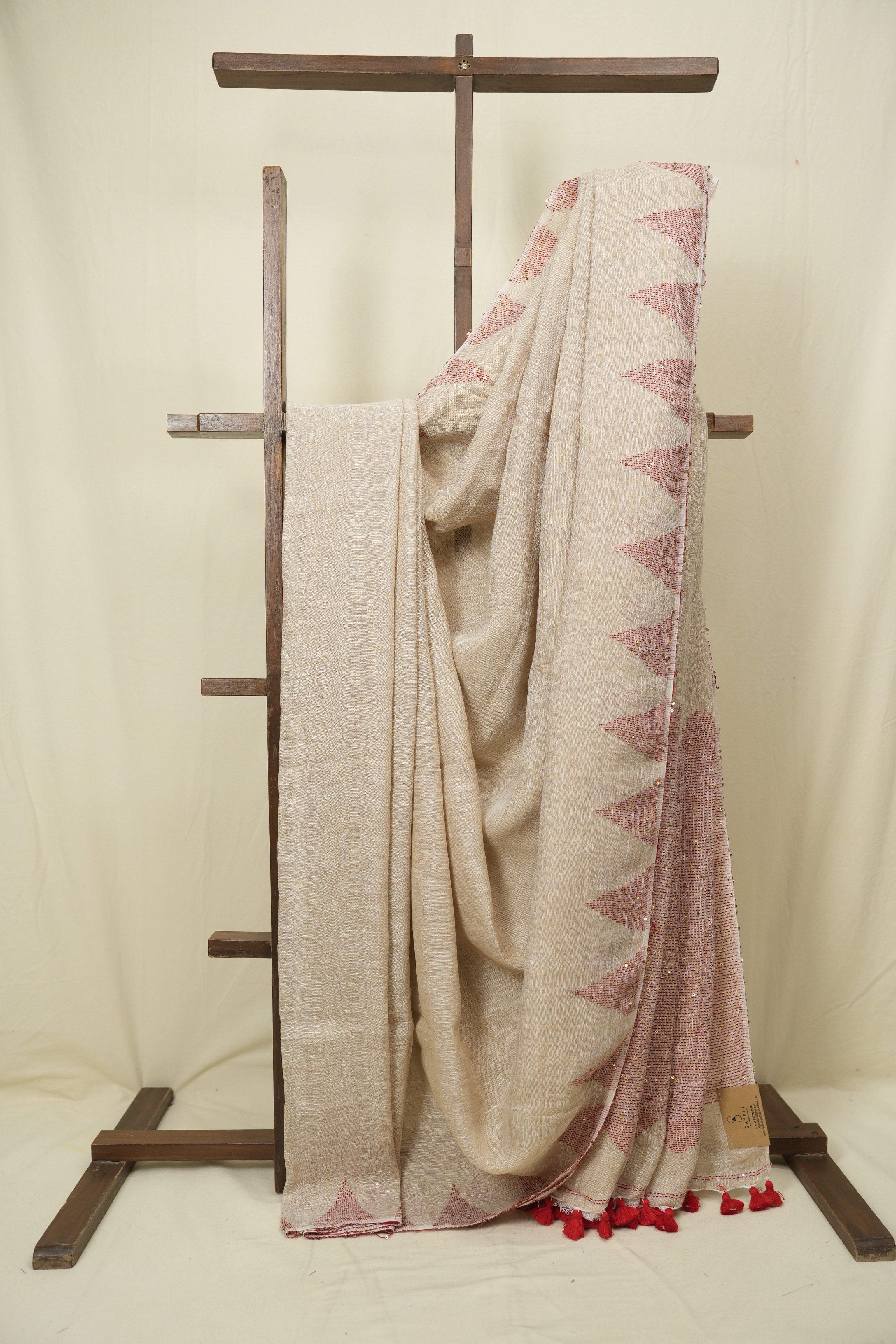 Cream Sequins Linen Saree With Red Tassels - SRCSLS514