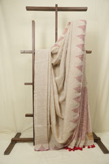 Cream Sequins Linen Saree With Red Tassels - SRCSLS514