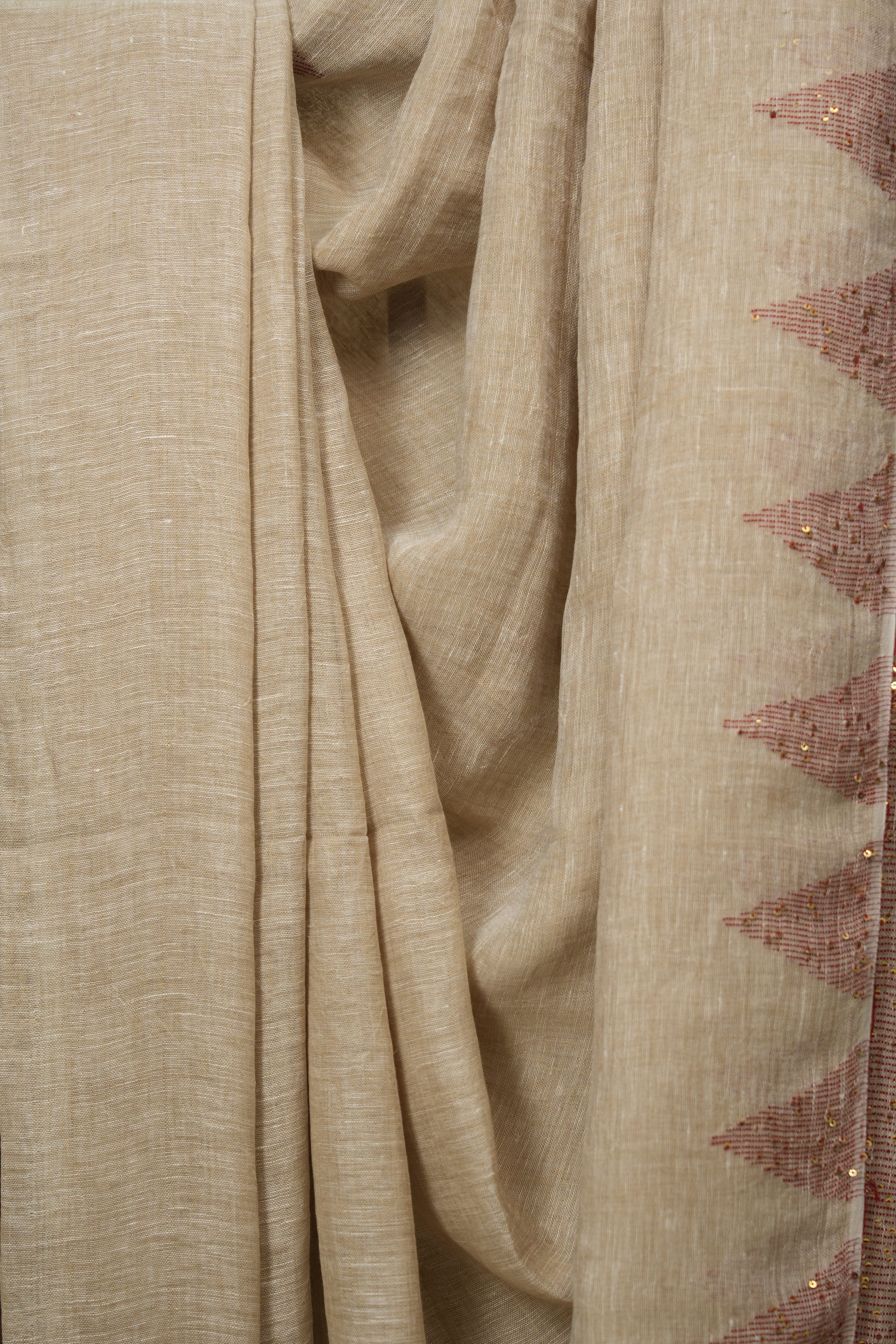 Cream Sequins Linen Saree With Red Tassels - SRCSLS514